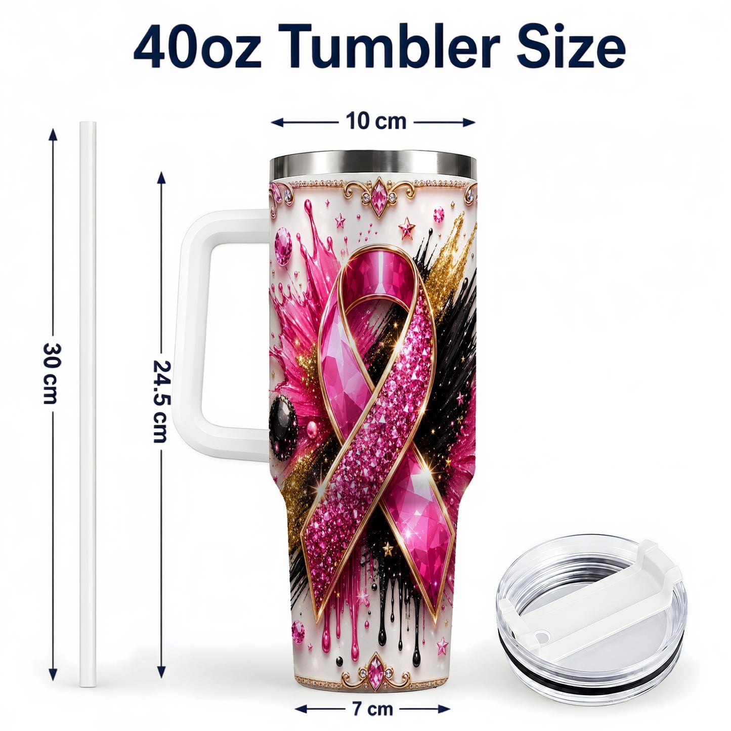 #pl[40oz|White] Abstract Pink Ribbon 40oz Tumbler with Handle, Stainless Steel Travel Cup