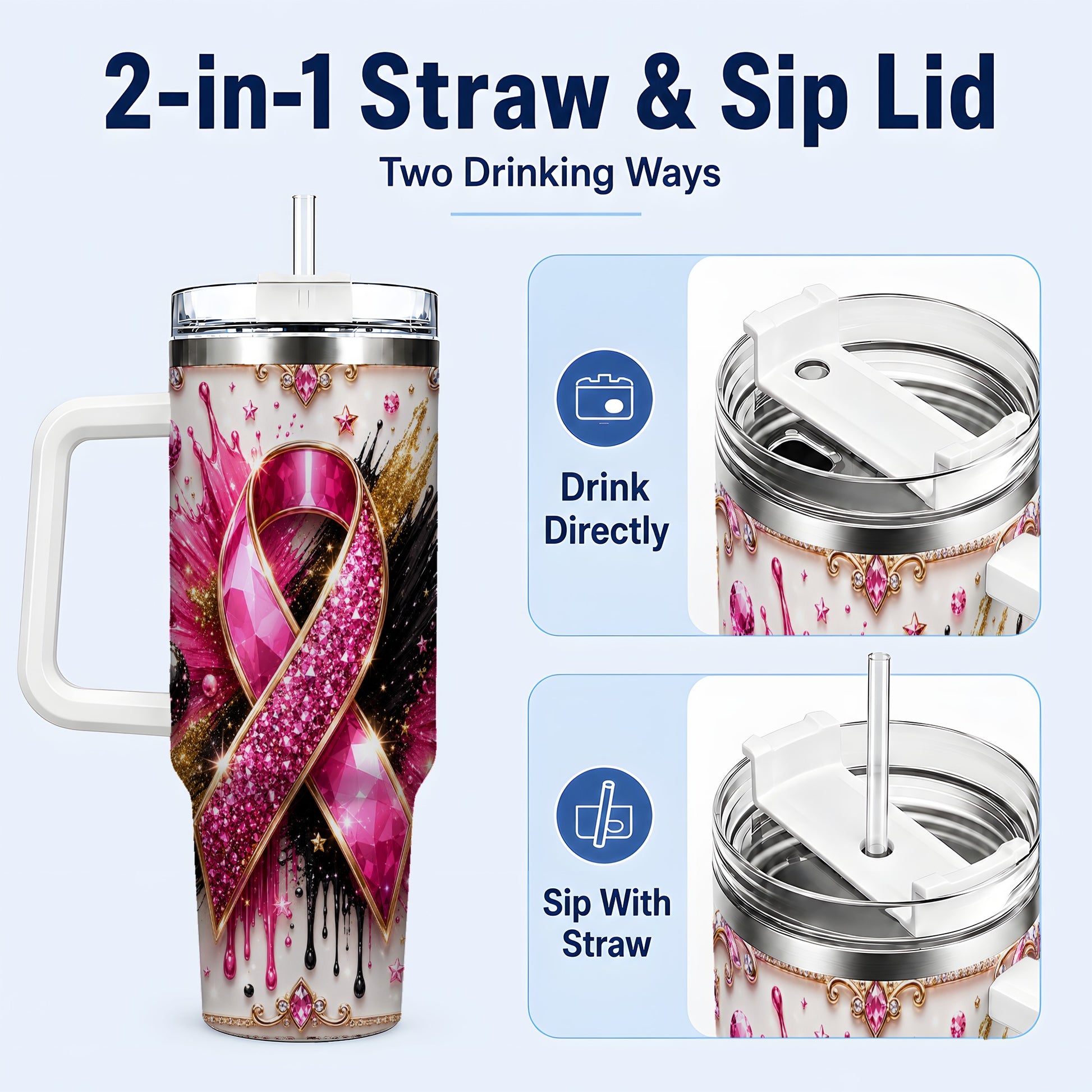 #pl[40oz|White] Abstract Pink Ribbon 40oz Tumbler with Handle, Stainless Steel Travel Cup