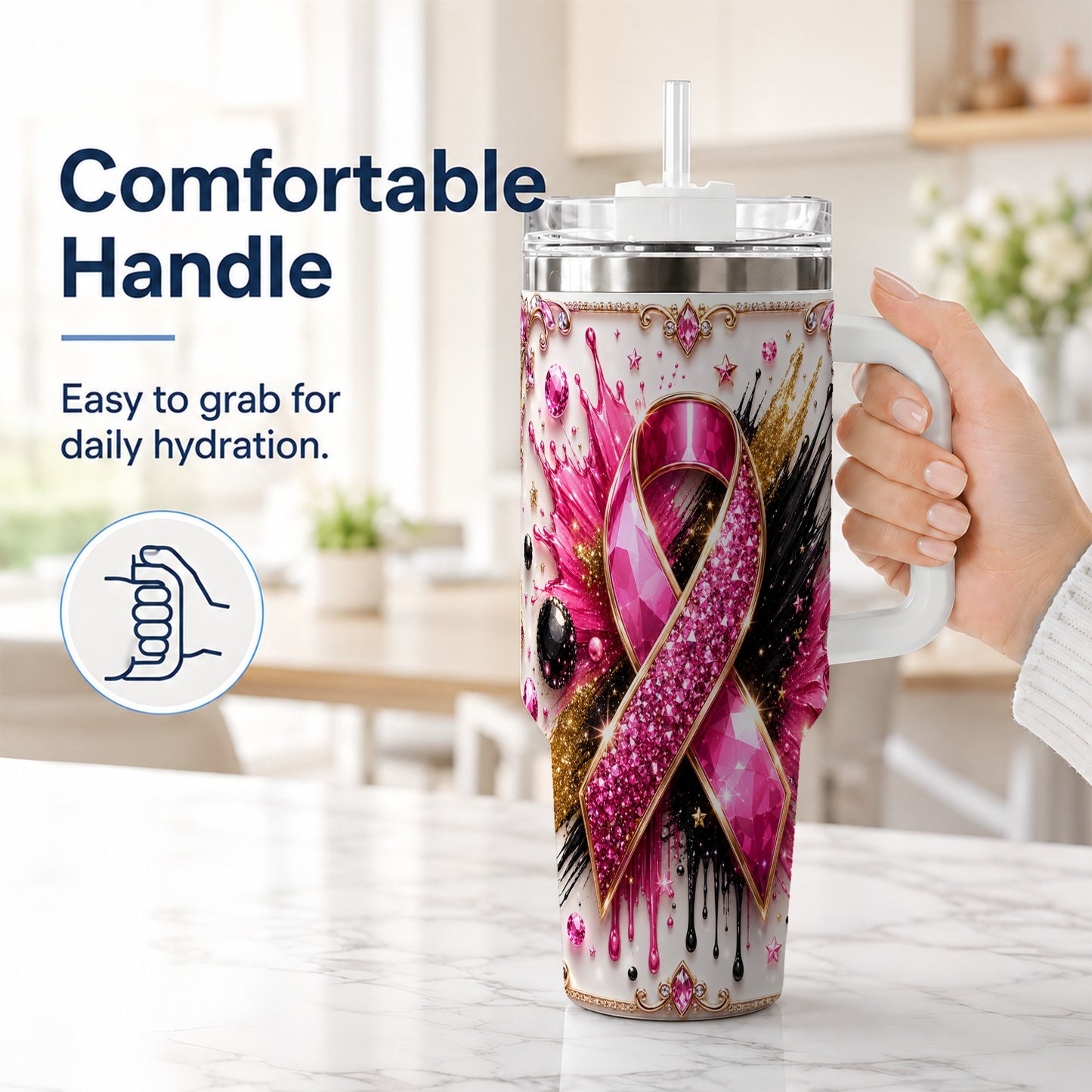 #pl[40oz|White] Abstract Pink Ribbon 40oz Tumbler with Handle, Stainless Steel Travel Cup