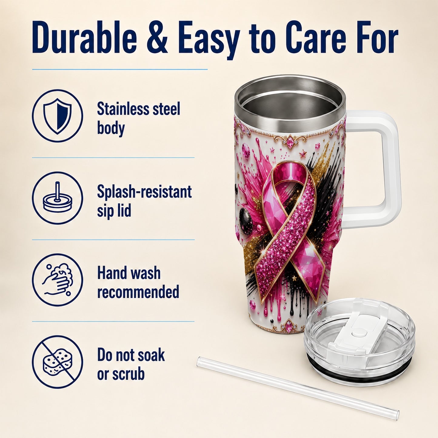 #pl[40oz|White] Abstract Pink Ribbon 40oz Tumbler with Handle, Stainless Steel Travel Cup