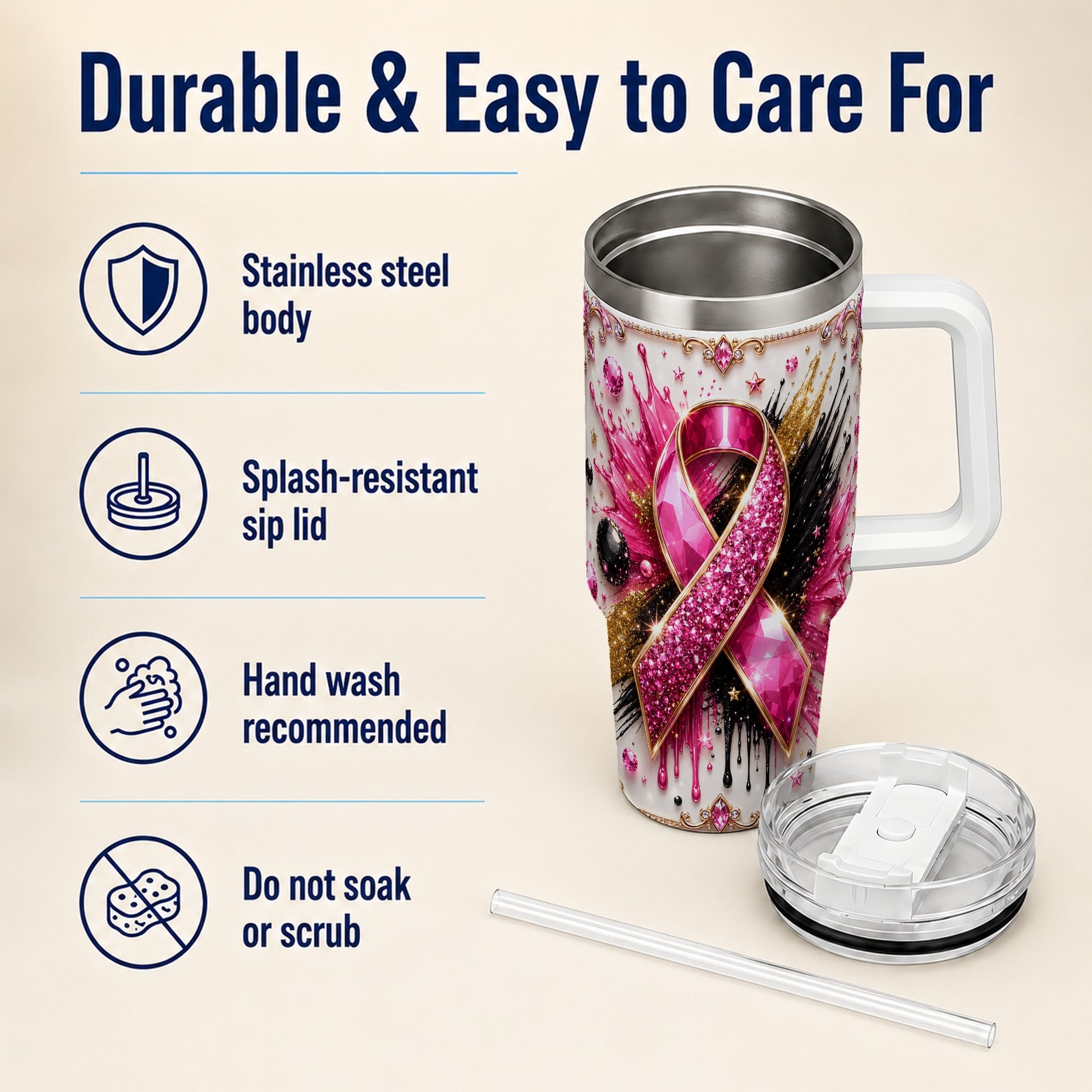 #pl[40oz|White] Abstract Pink Ribbon 40oz Tumbler with Handle, Stainless Steel Travel Cup