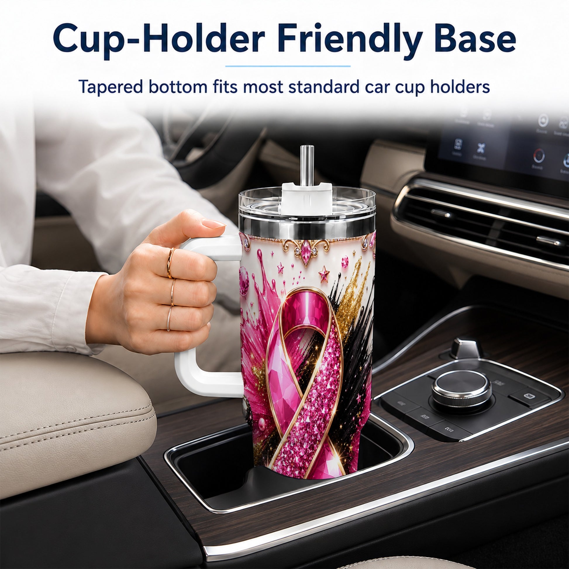 #pl[40oz|White] Abstract Pink Ribbon 40oz Tumbler with Handle, Stainless Steel Travel Cup