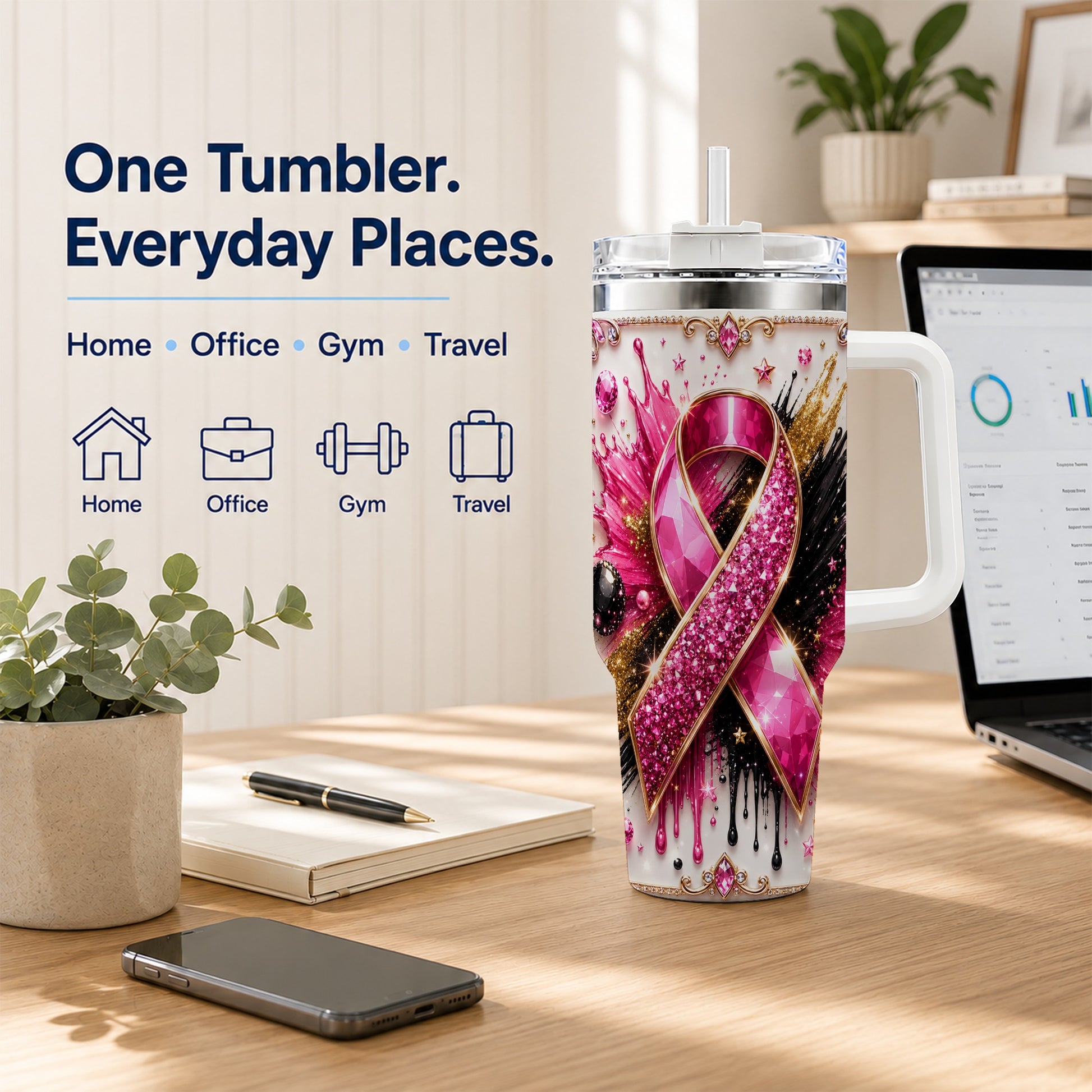 #pl[40oz|White] Abstract Pink Ribbon 40oz Tumbler with Handle, Stainless Steel Travel Cup