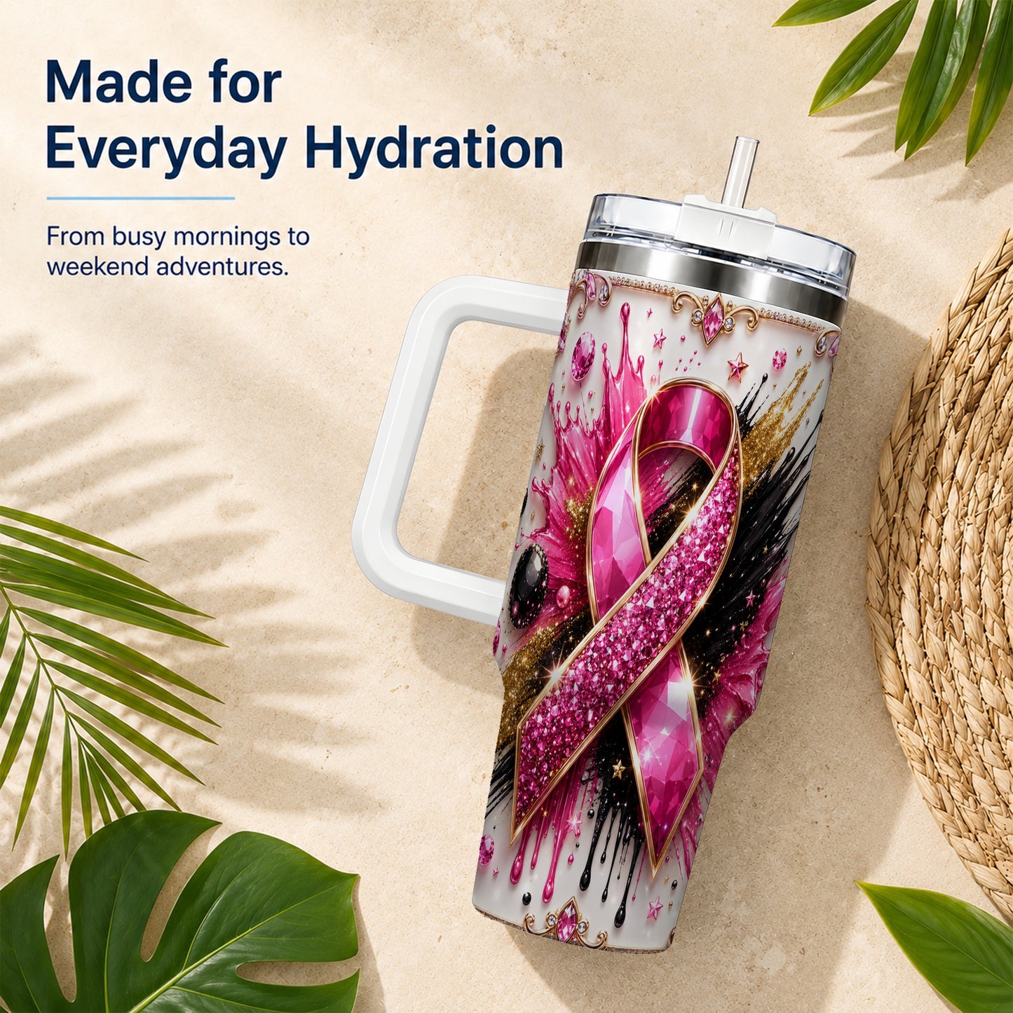 #pl[40oz|White] Abstract Pink Ribbon 40oz Tumbler with Handle, Stainless Steel Travel Cup