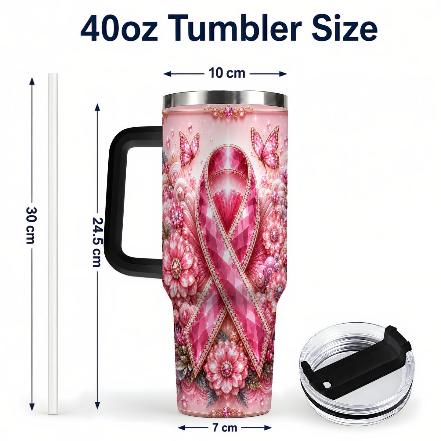 #pl[40oz|Black] Butterfly Ribbon 40oz Tumbler with Handle, Stainless Steel Travel Cup