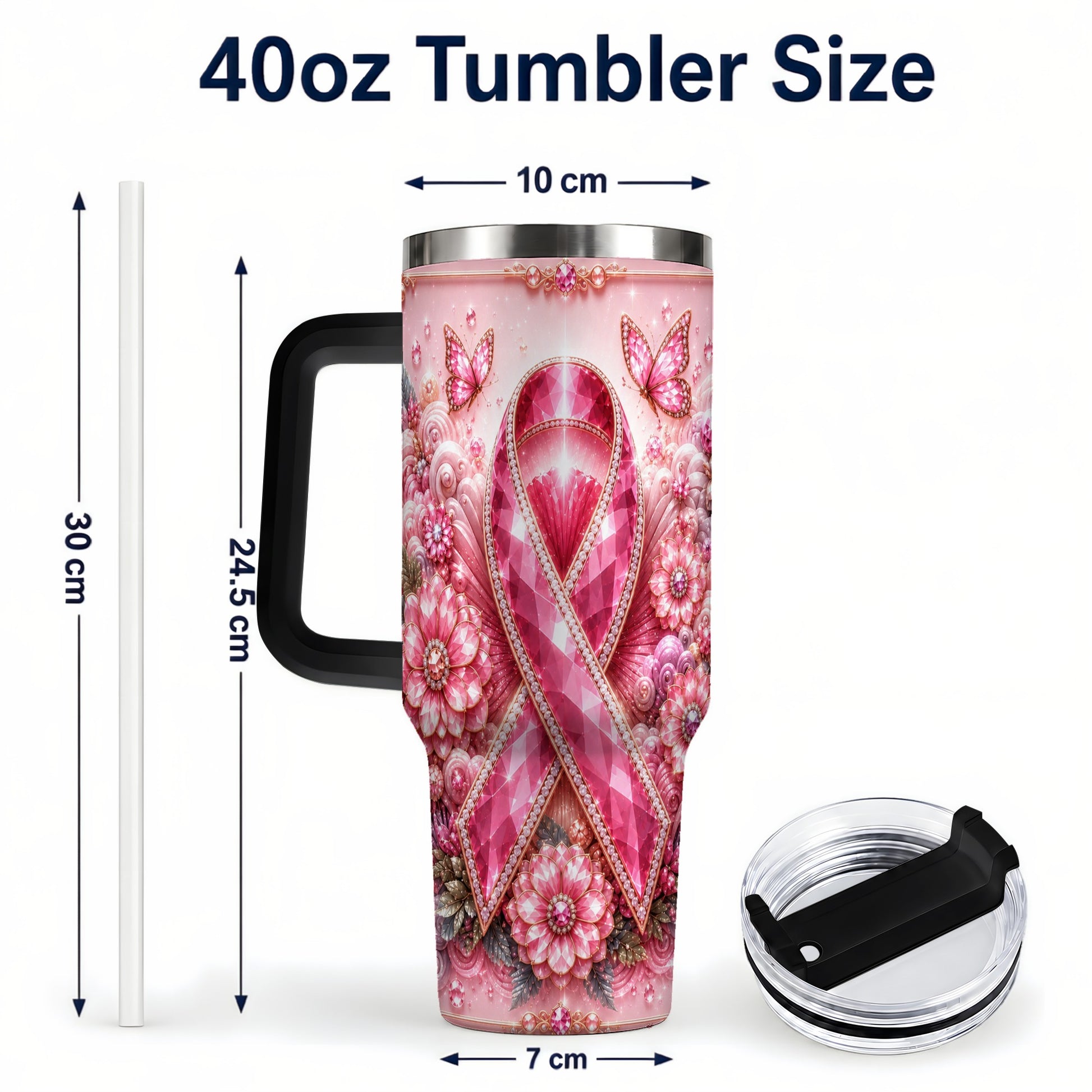 #pl[40oz|Black] Butterfly Ribbon 40oz Tumbler with Handle, Stainless Steel Travel Cup