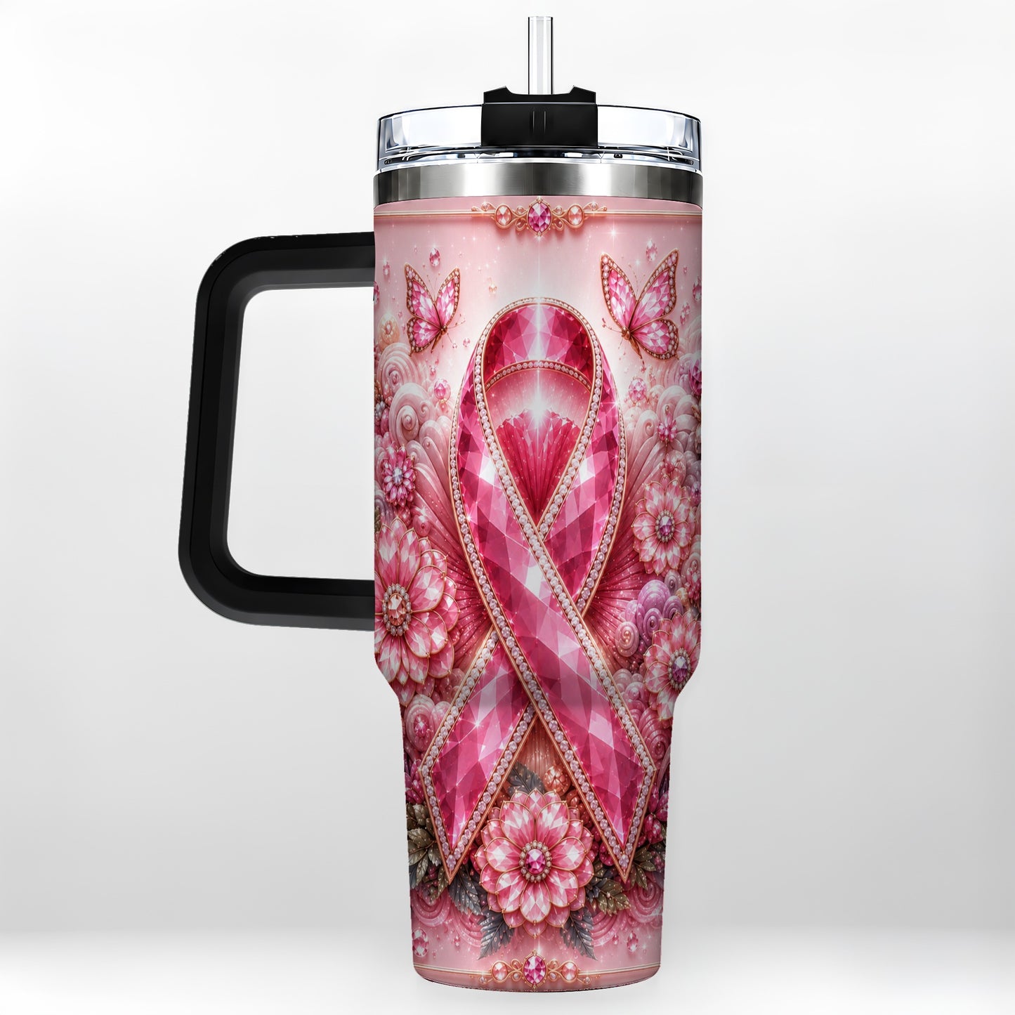 #pl[40oz|Black] Butterfly Ribbon 40oz Tumbler with Handle, Stainless Steel Travel Cup