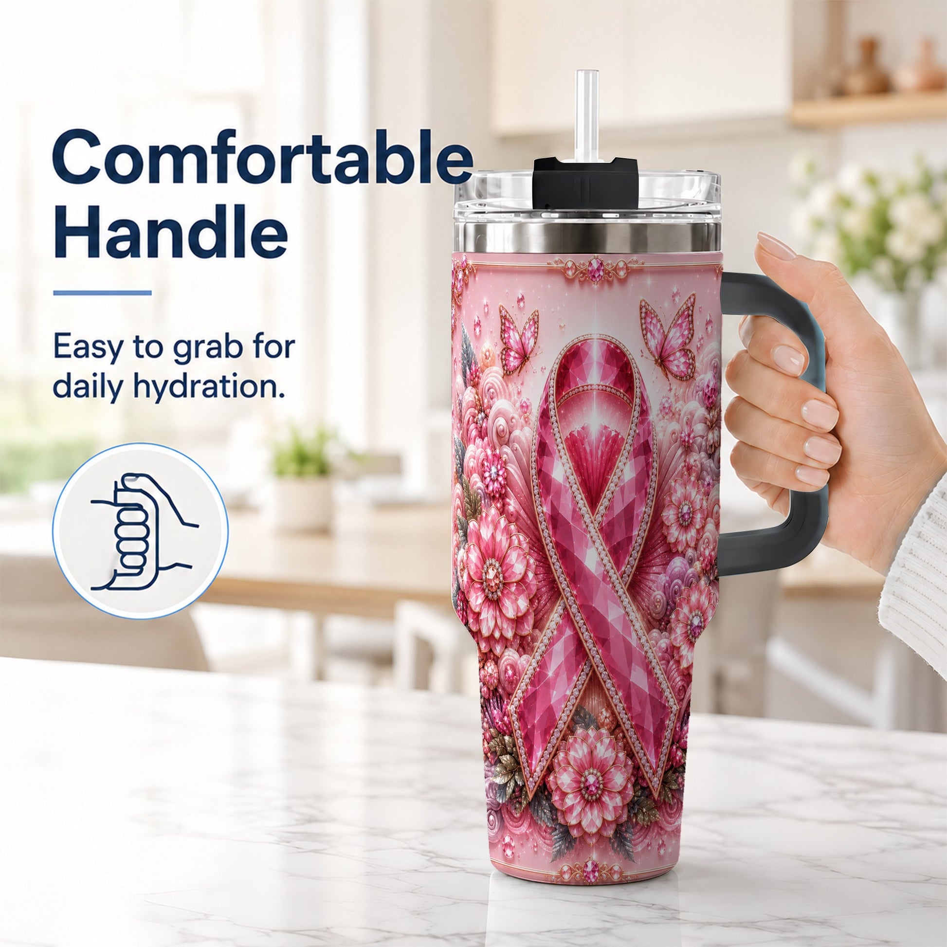 #pl[40oz|Black] Butterfly Ribbon 40oz Tumbler with Handle, Stainless Steel Travel Cup