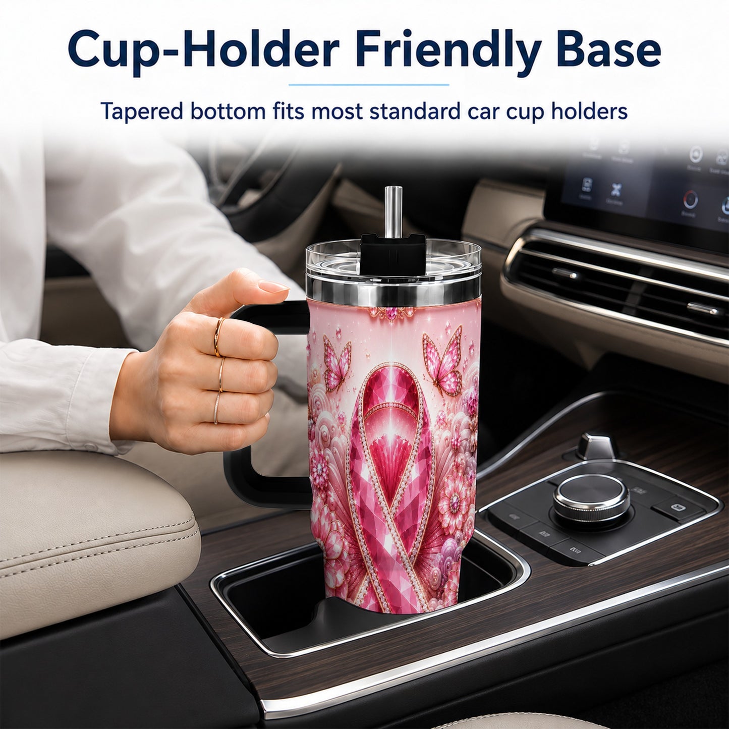 #pl[40oz|Black] Butterfly Ribbon 40oz Tumbler with Handle, Stainless Steel Travel Cup