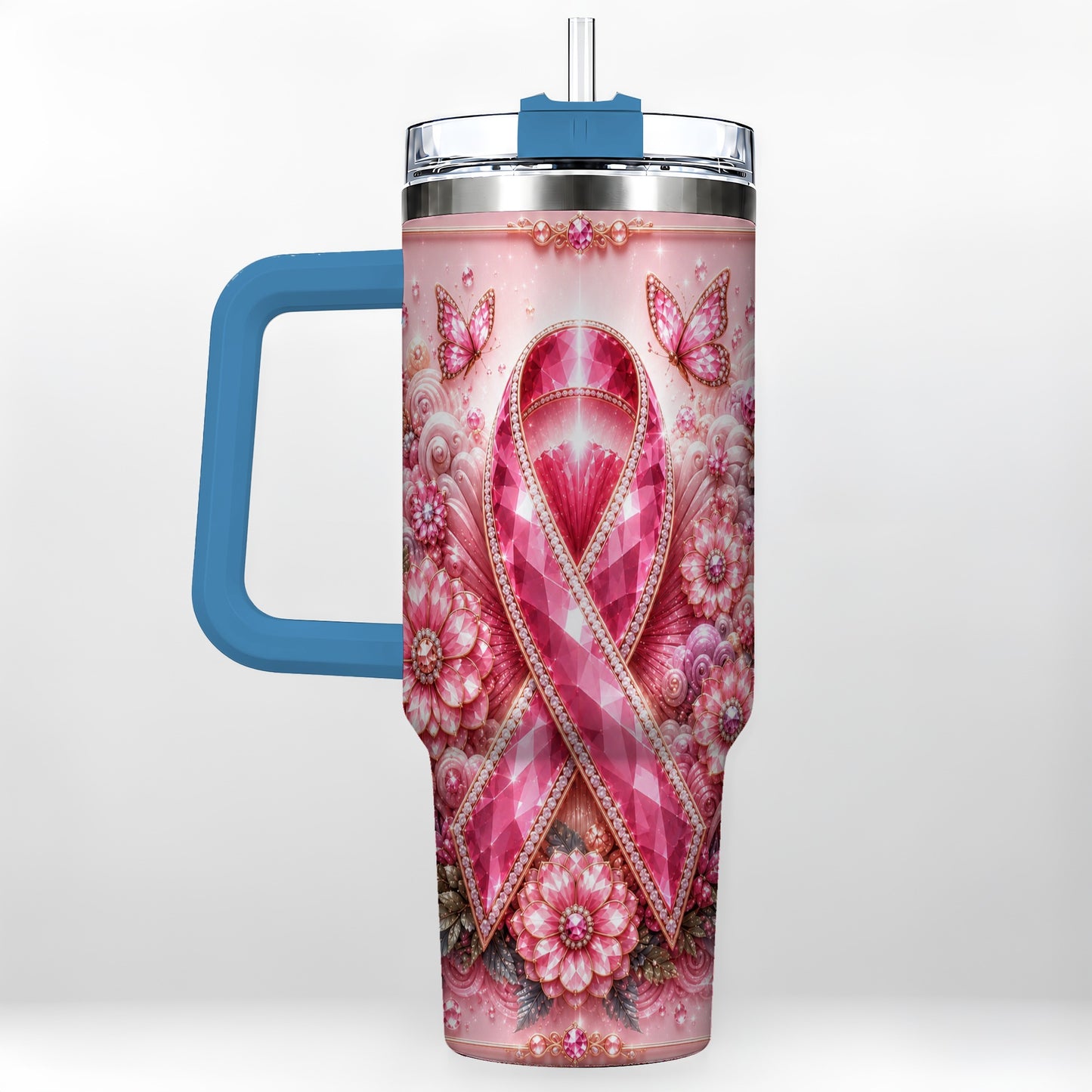 #pl[40oz|Blue] Butterfly Ribbon 40oz Tumbler with Handle, Stainless Steel Travel Cup
