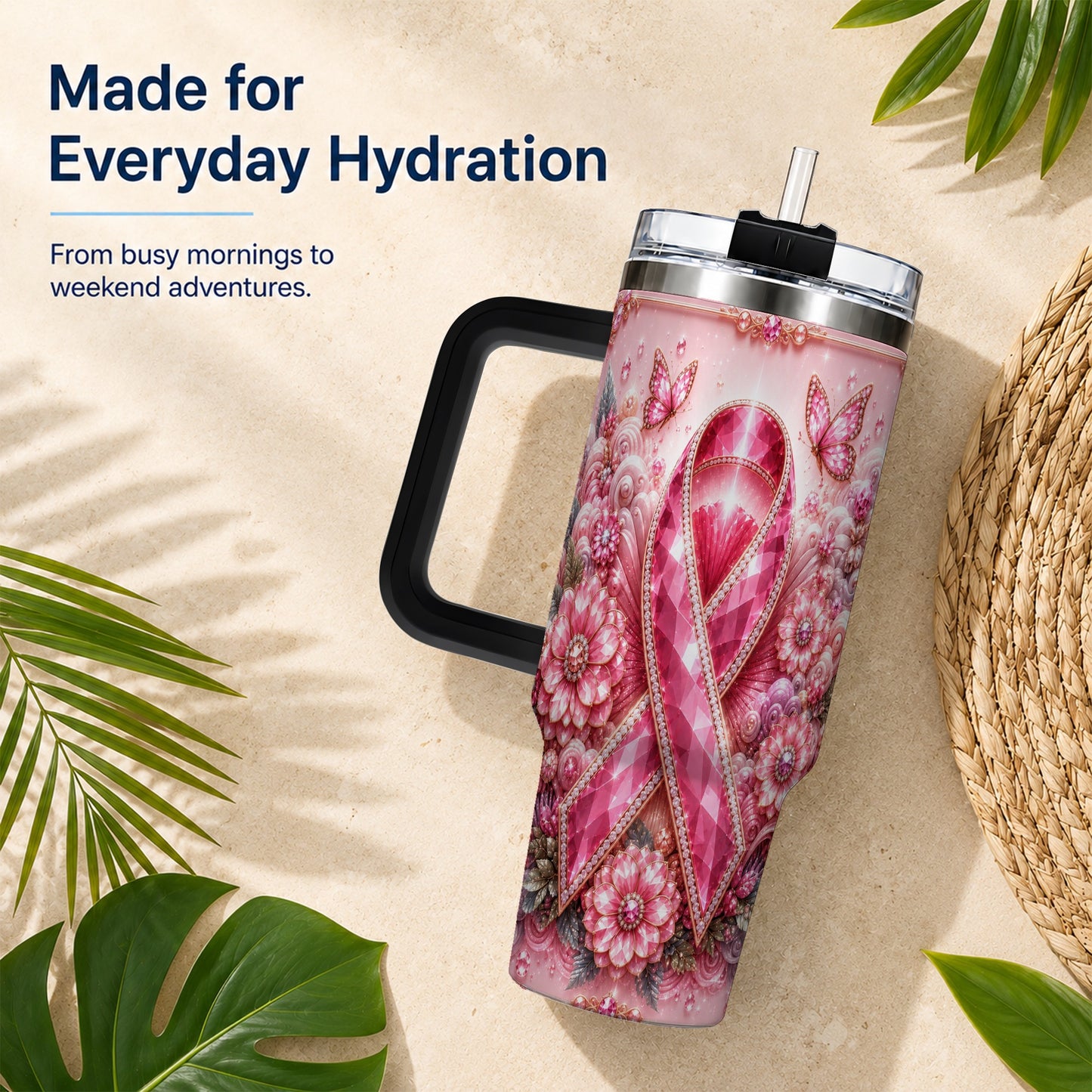 #pl[40oz|Black] Butterfly Ribbon 40oz Tumbler with Handle, Stainless Steel Travel Cup