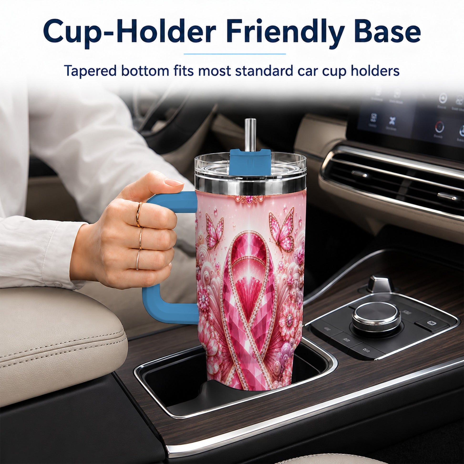 #pl[40oz|Blue] Butterfly Ribbon 40oz Tumbler with Handle, Stainless Steel Travel Cup