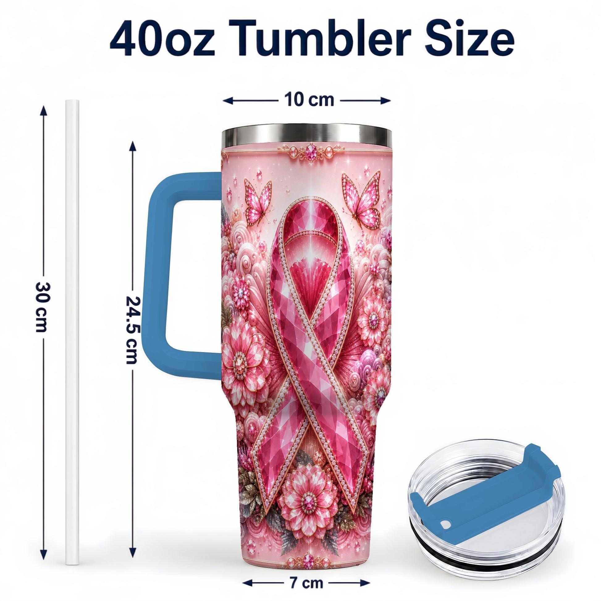 #pl[40oz|Blue] Butterfly Ribbon 40oz Tumbler with Handle, Stainless Steel Travel Cup