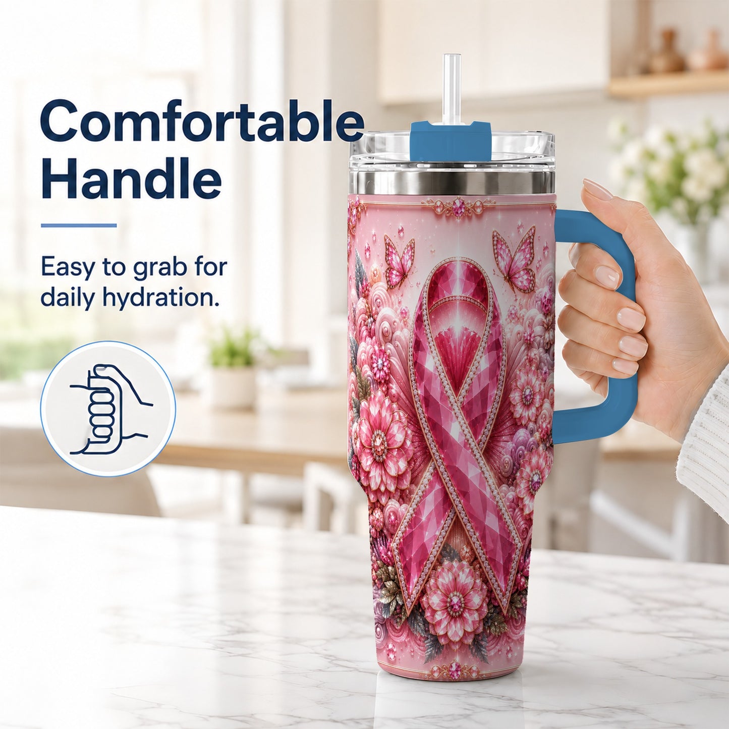 #pl[40oz|Blue] Butterfly Ribbon 40oz Tumbler with Handle, Stainless Steel Travel Cup