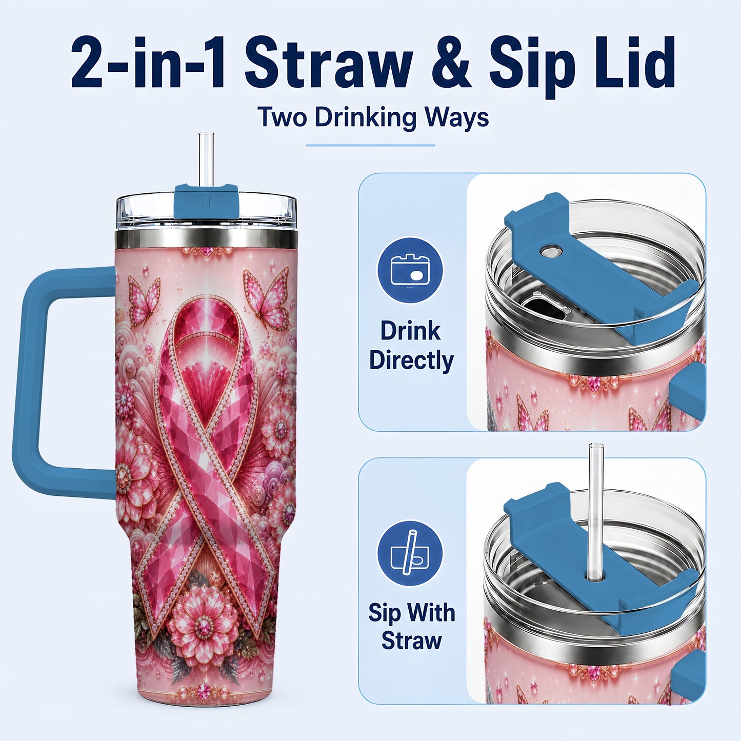 #pl[40oz|Blue] Butterfly Ribbon 40oz Tumbler with Handle, Stainless Steel Travel Cup