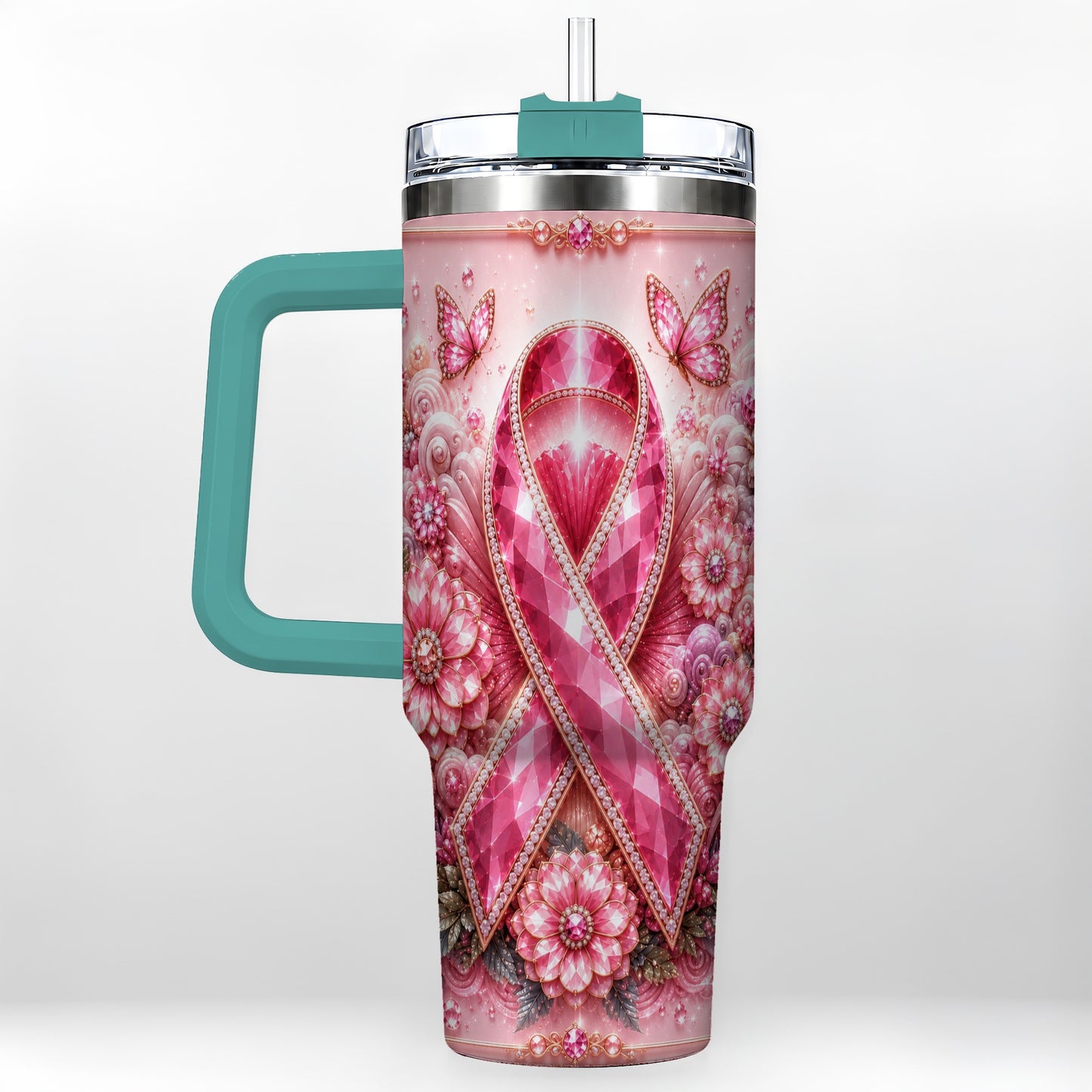 #pl[40oz|Green] Butterfly Ribbon 40oz Tumbler with Handle, Stainless Steel Travel Cup