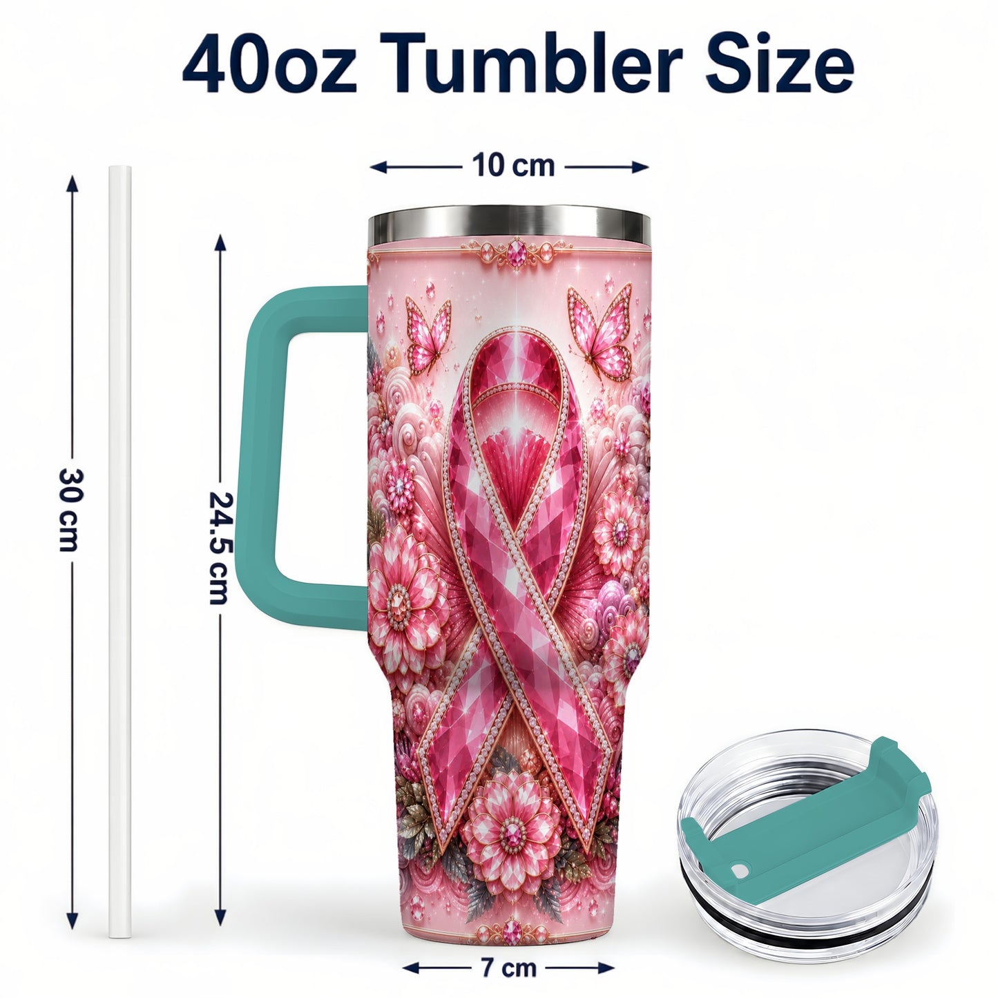 #pl[40oz|Green] Butterfly Ribbon 40oz Tumbler with Handle, Stainless Steel Travel Cup