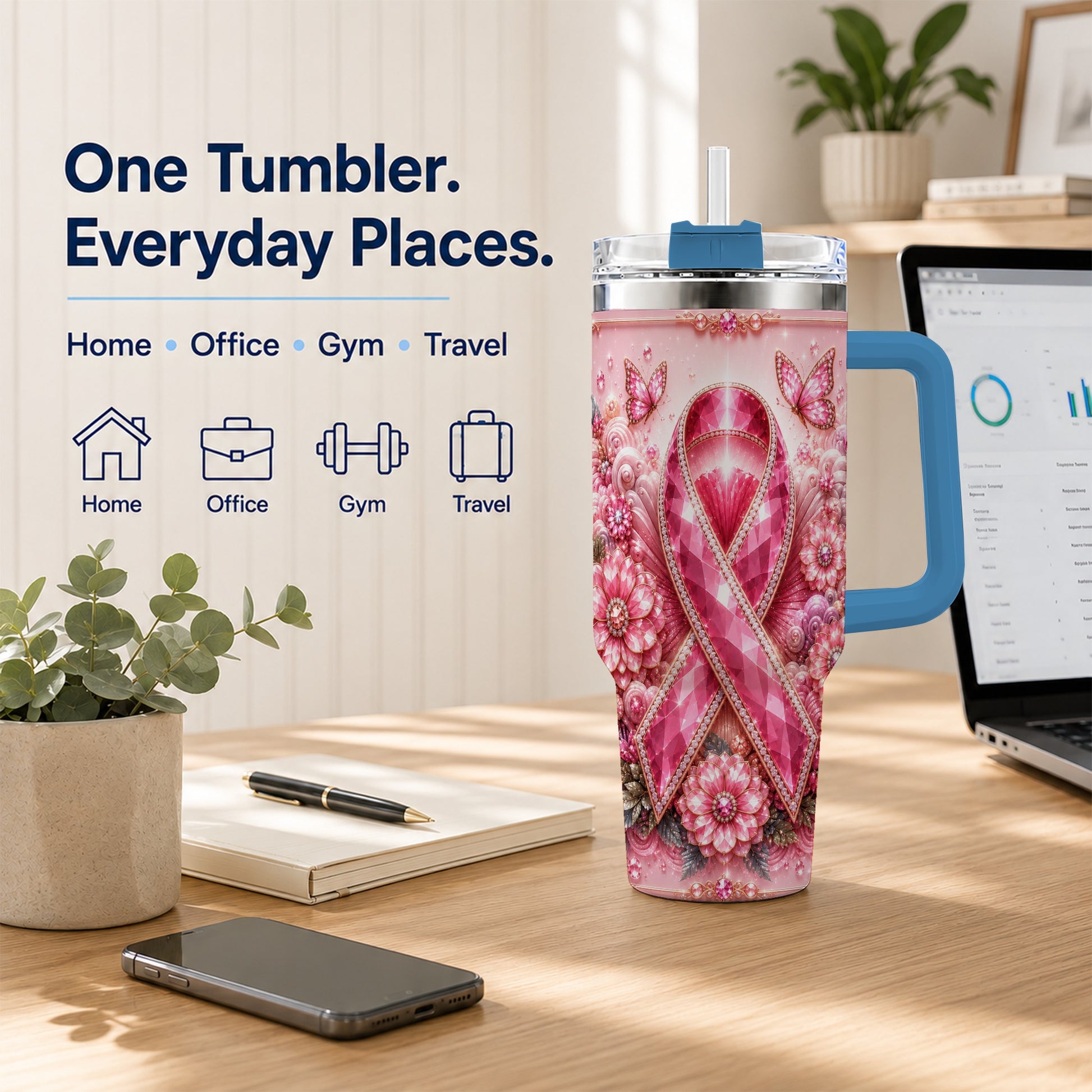 #pl[40oz|Blue] Butterfly Ribbon 40oz Tumbler with Handle, Stainless Steel Travel Cup