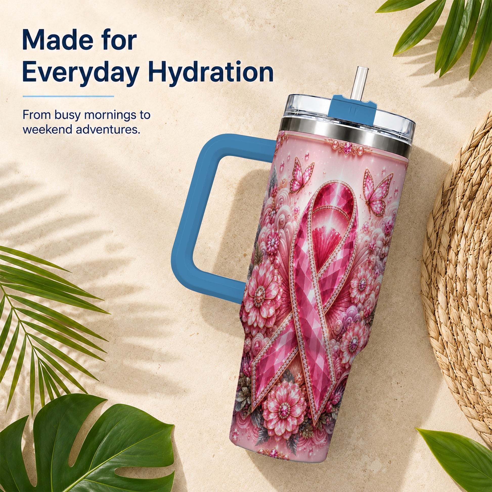 #pl[40oz|Blue] Butterfly Ribbon 40oz Tumbler with Handle, Stainless Steel Travel Cup