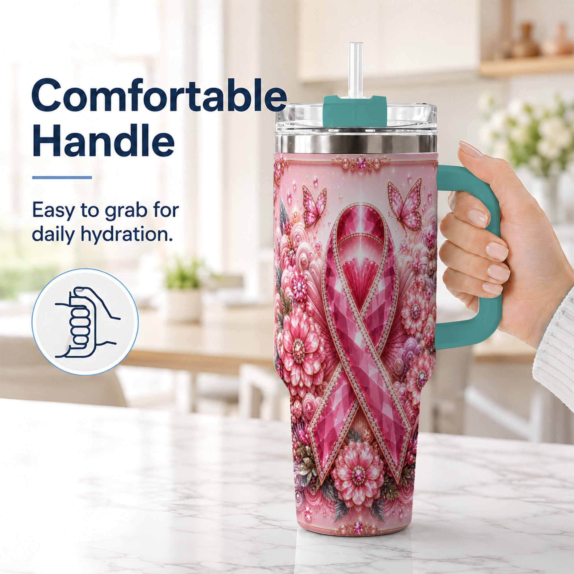 #pl[40oz|Green] Butterfly Ribbon 40oz Tumbler with Handle, Stainless Steel Travel Cup