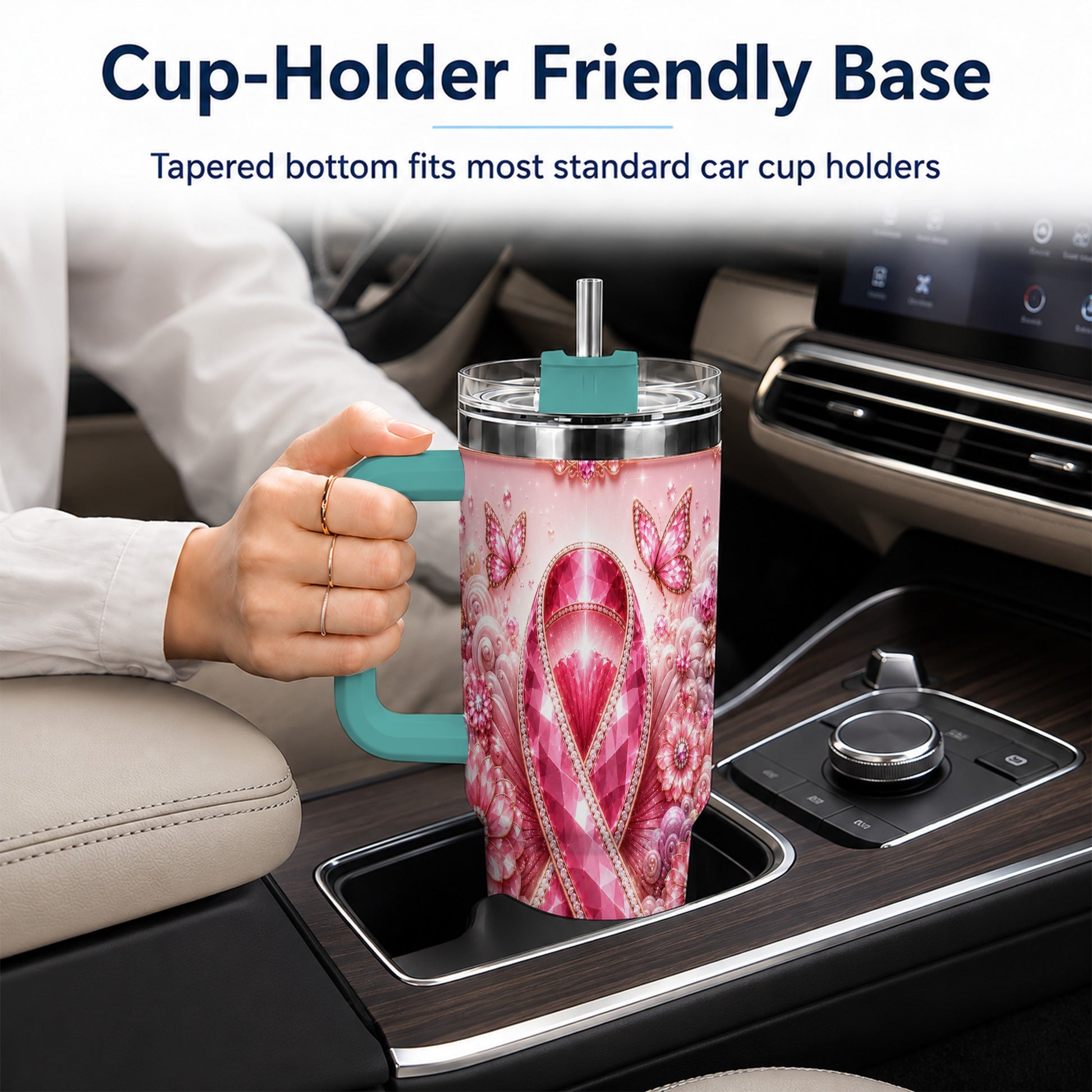 #pl[40oz|Green] Butterfly Ribbon 40oz Tumbler with Handle, Stainless Steel Travel Cup