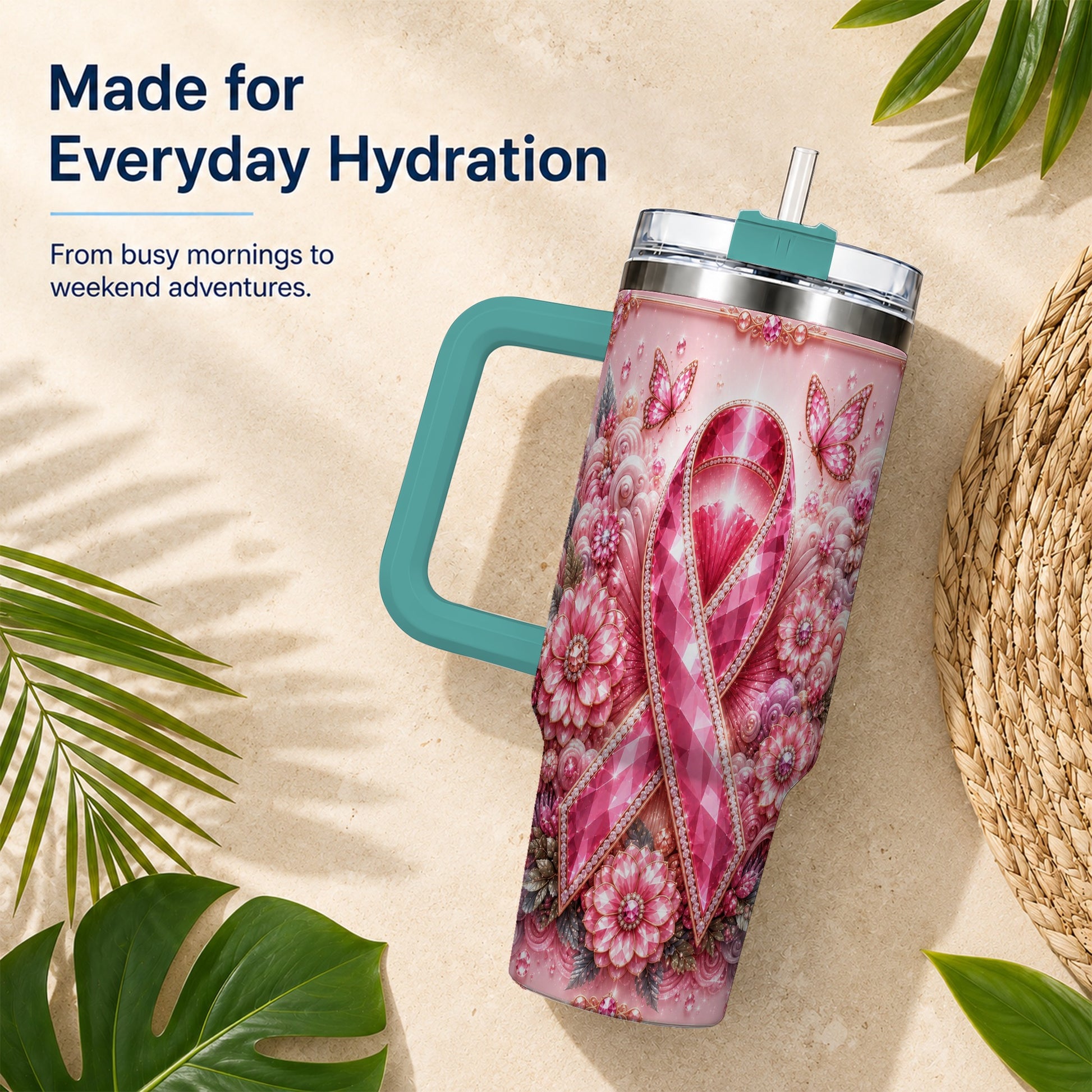 #pl[40oz|Green] Butterfly Ribbon 40oz Tumbler with Handle, Stainless Steel Travel Cup