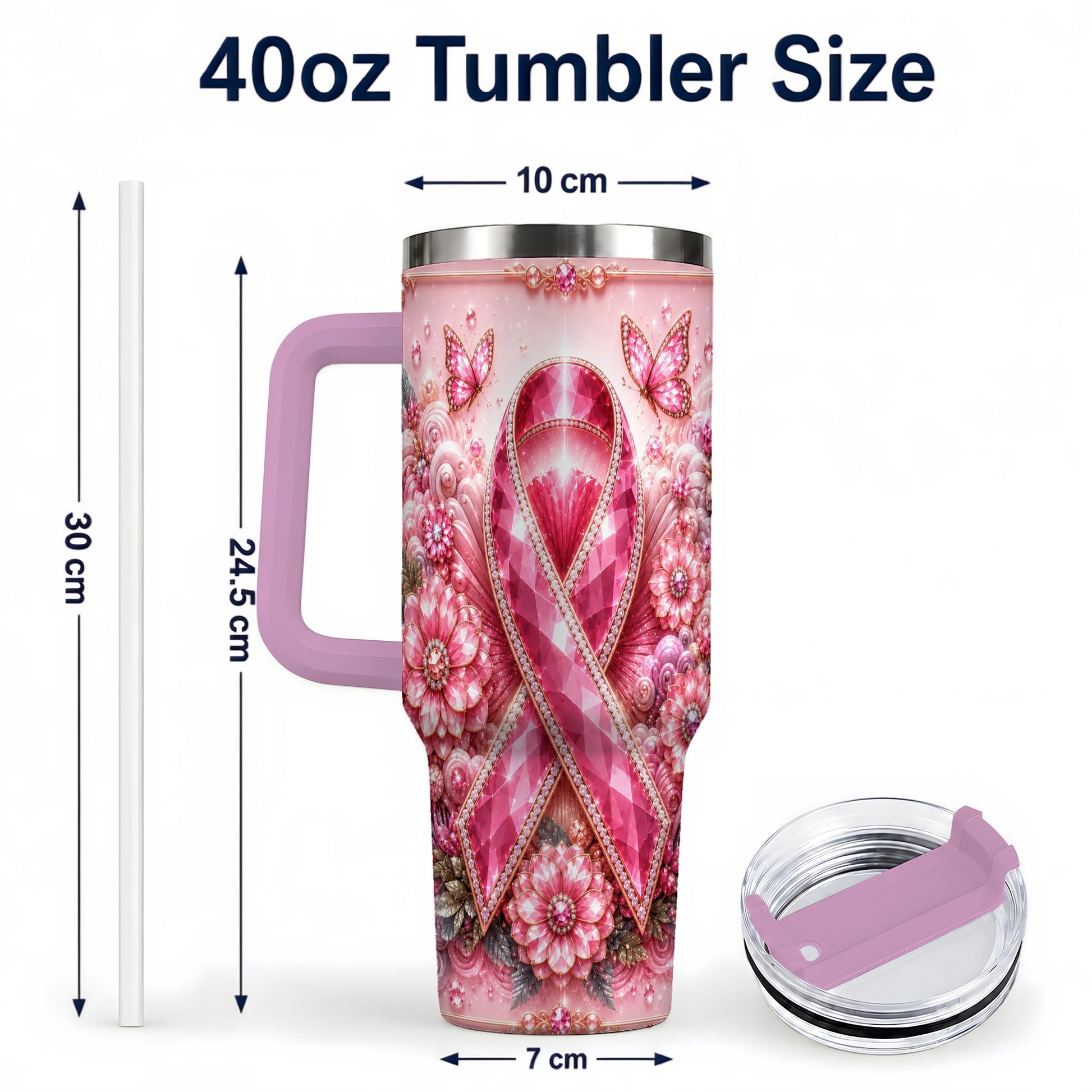 #pl[40oz|Pink] Butterfly Ribbon 40oz Tumbler with Handle, Stainless Steel Travel Cup