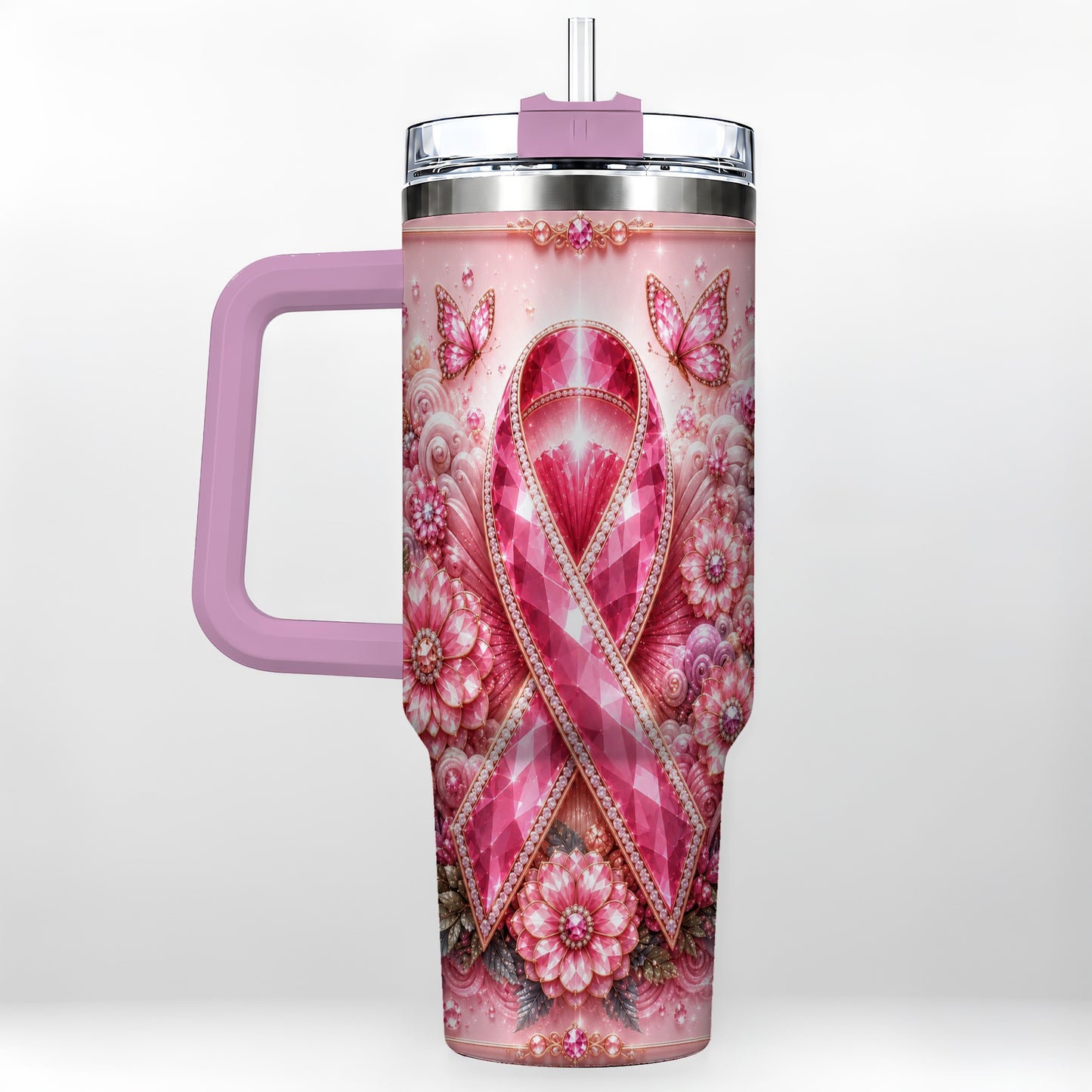 #pl[40oz|Pink] Butterfly Ribbon 40oz Tumbler with Handle, Stainless Steel Travel Cup