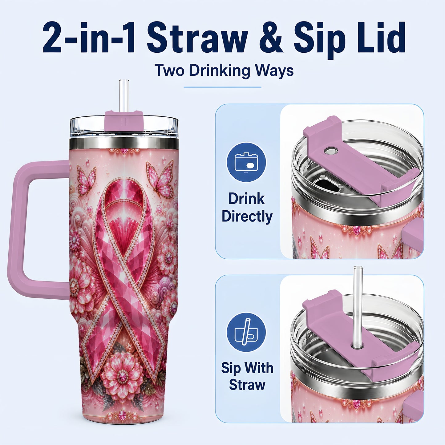 #pl[40oz|Pink] Butterfly Ribbon 40oz Tumbler with Handle, Stainless Steel Travel Cup