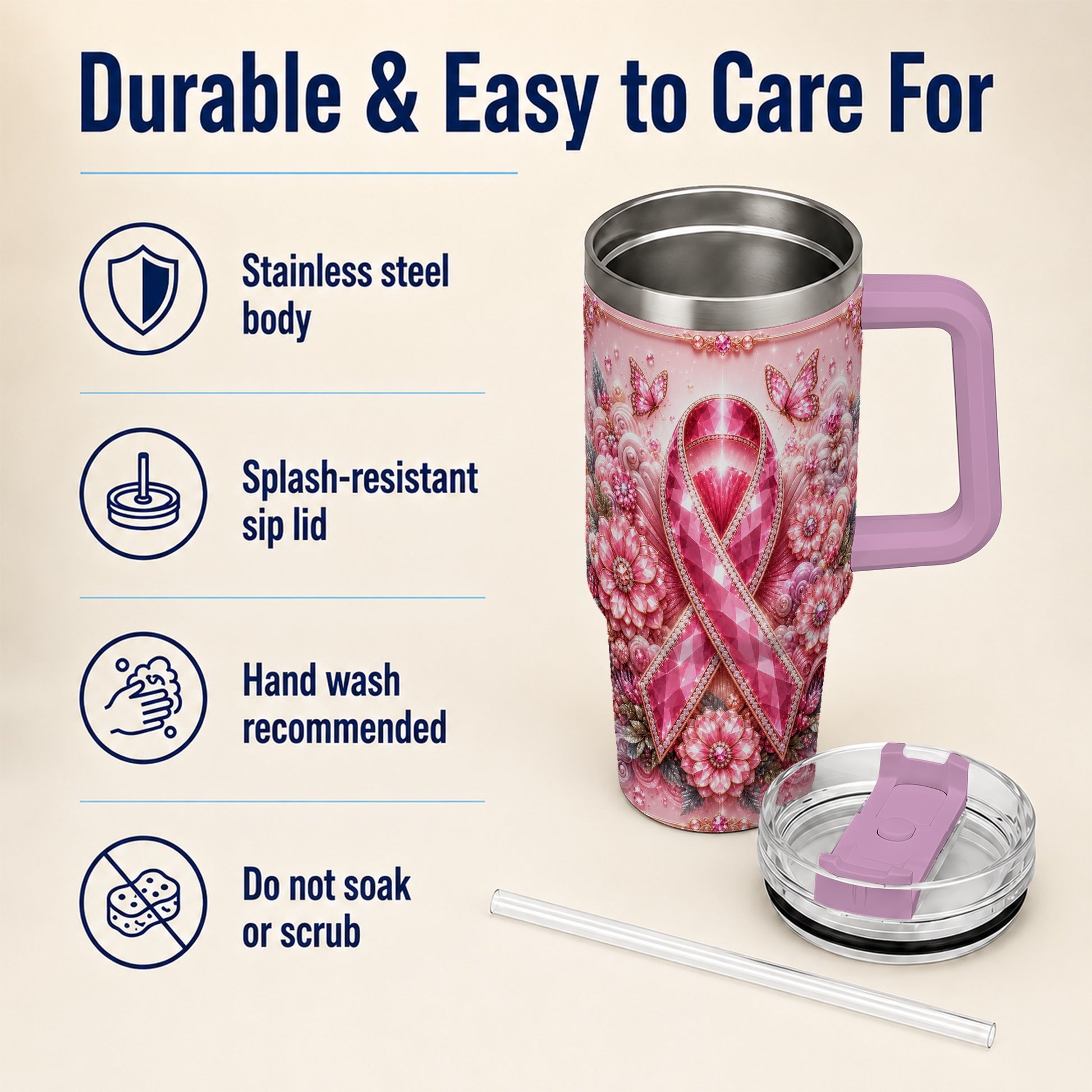 #pl[40oz|Pink] Butterfly Ribbon 40oz Tumbler with Handle, Stainless Steel Travel Cup