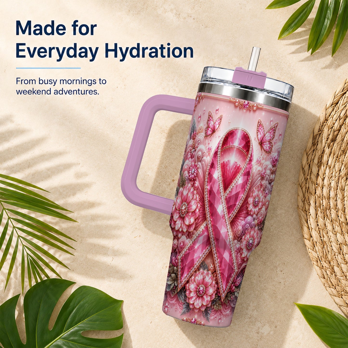 #pl[40oz|Pink] Butterfly Ribbon 40oz Tumbler with Handle, Stainless Steel Travel Cup