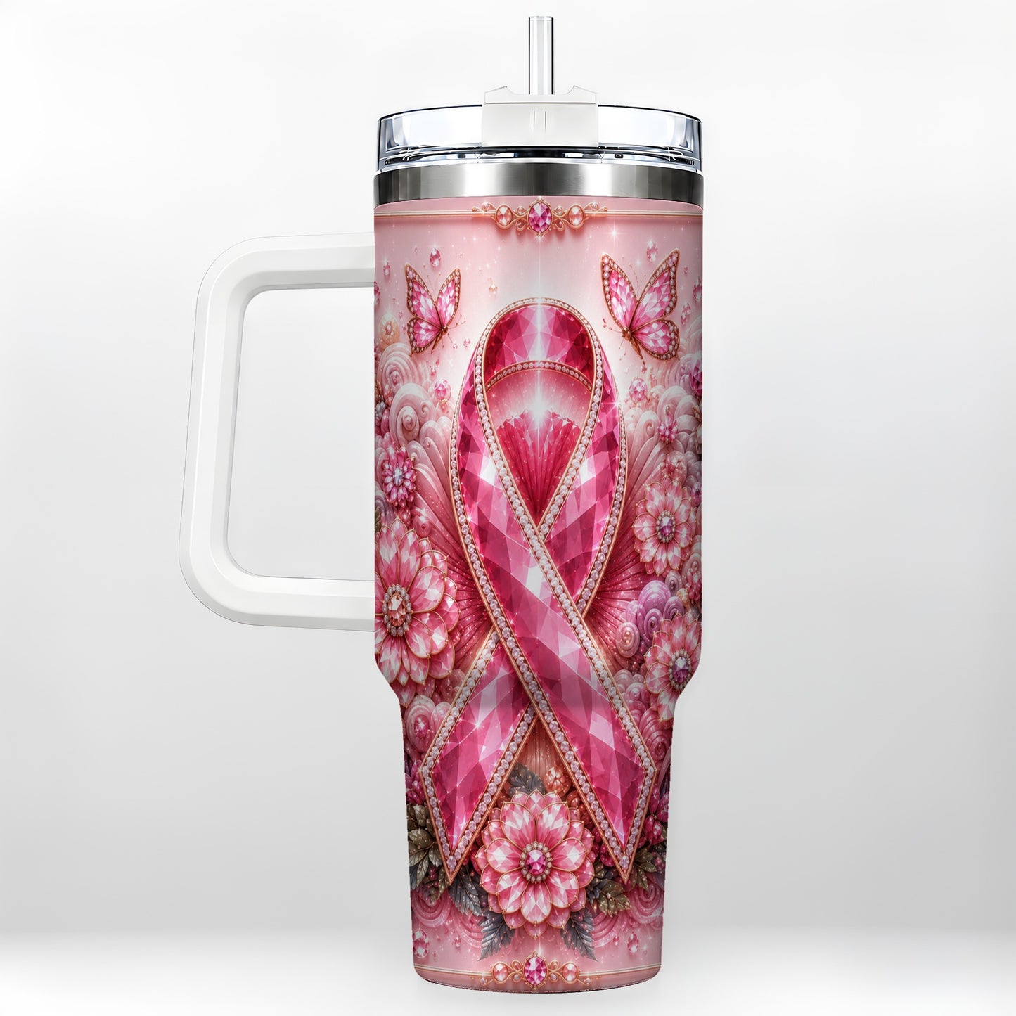 #pl[40oz|White] Butterfly Ribbon 40oz Tumbler with Handle, Stainless Steel Travel Cup