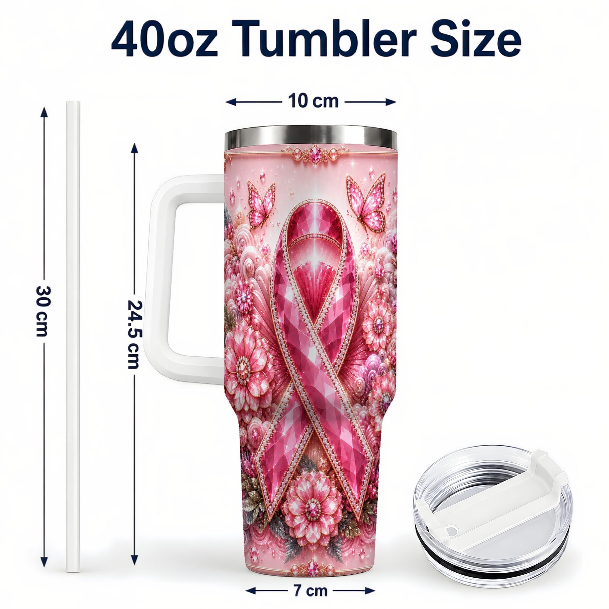 #pl[40oz|White] Butterfly Ribbon 40oz Tumbler with Handle, Stainless Steel Travel Cup