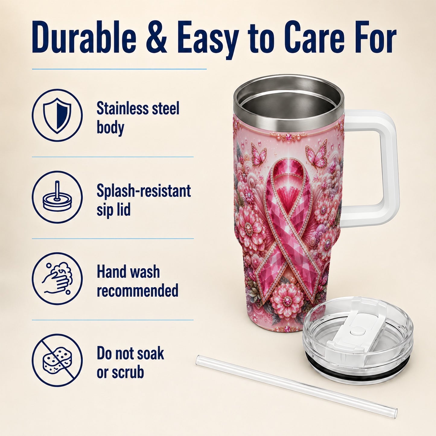 #pl[40oz|White] Butterfly Ribbon 40oz Tumbler with Handle, Stainless Steel Travel Cup