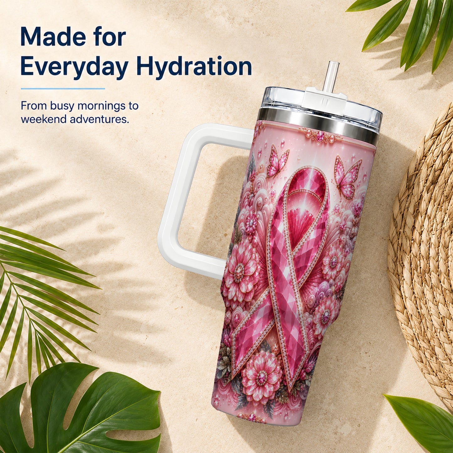 #pl[40oz|White] Butterfly Ribbon 40oz Tumbler with Handle, Stainless Steel Travel Cup