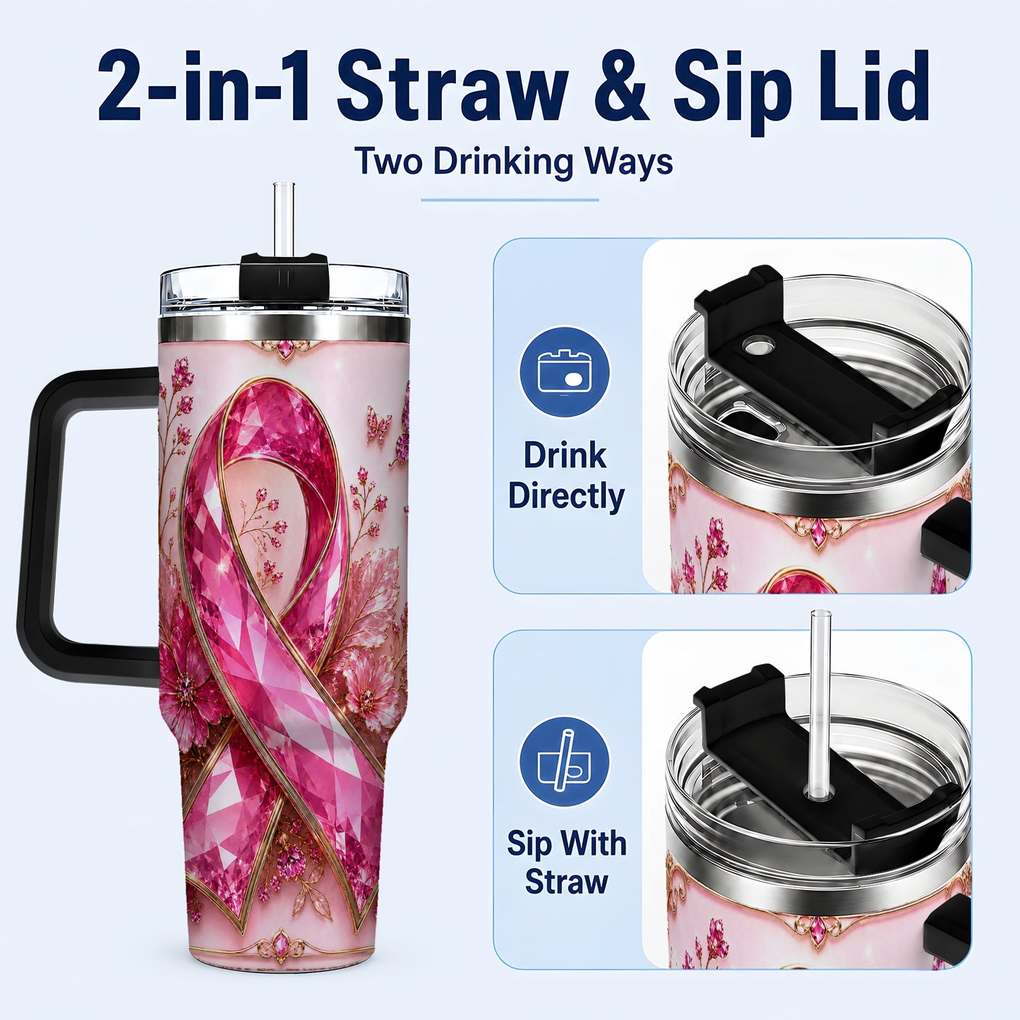 #pl[40oz|Black] Botanical Ribbon 40oz Tumbler with Handle, Stainless Steel Travel Cup