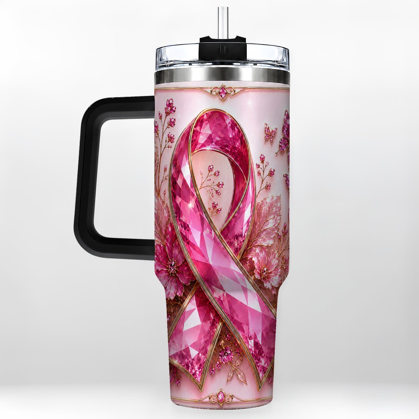 #pl[40oz|Black] Botanical Ribbon 40oz Tumbler with Handle, Stainless Steel Travel Cup