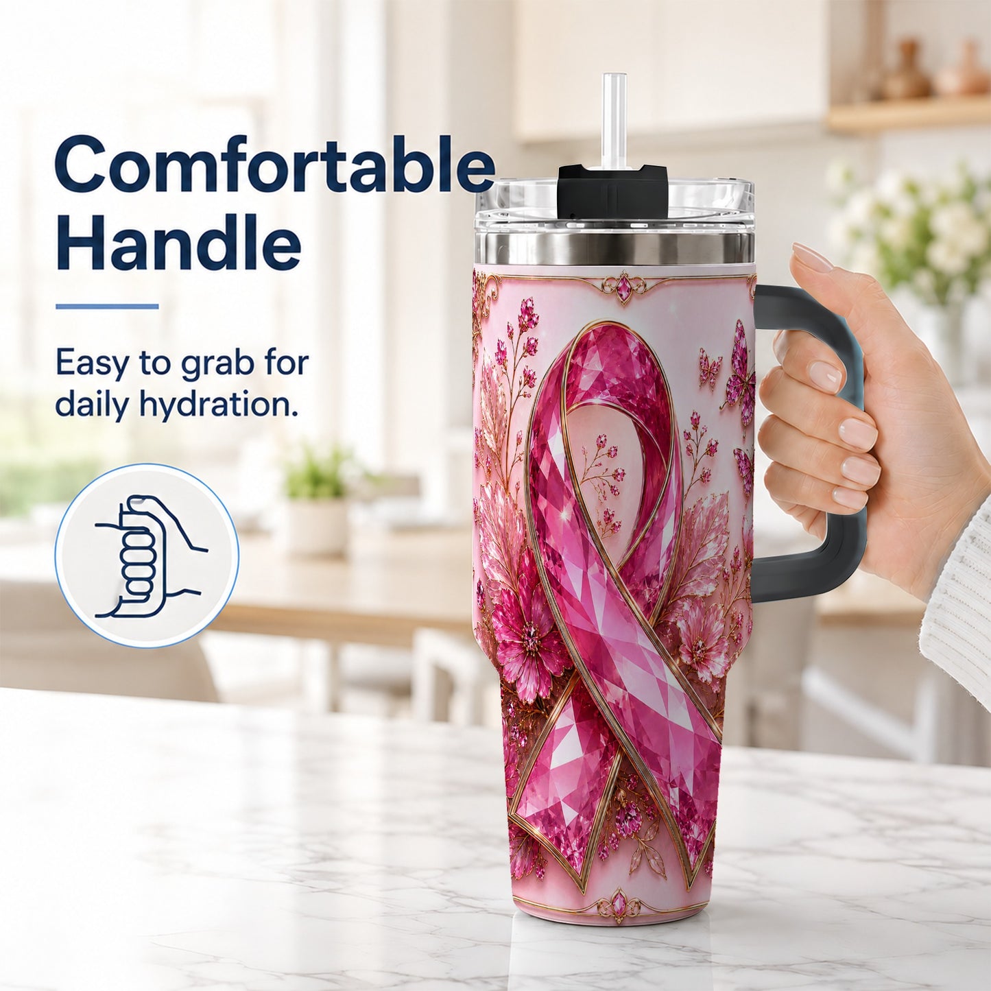 #pl[40oz|Black] Botanical Ribbon 40oz Tumbler with Handle, Stainless Steel Travel Cup
