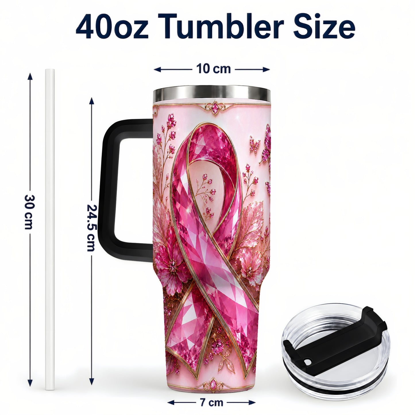 #pl[40oz|Black] Botanical Ribbon 40oz Tumbler with Handle, Stainless Steel Travel Cup