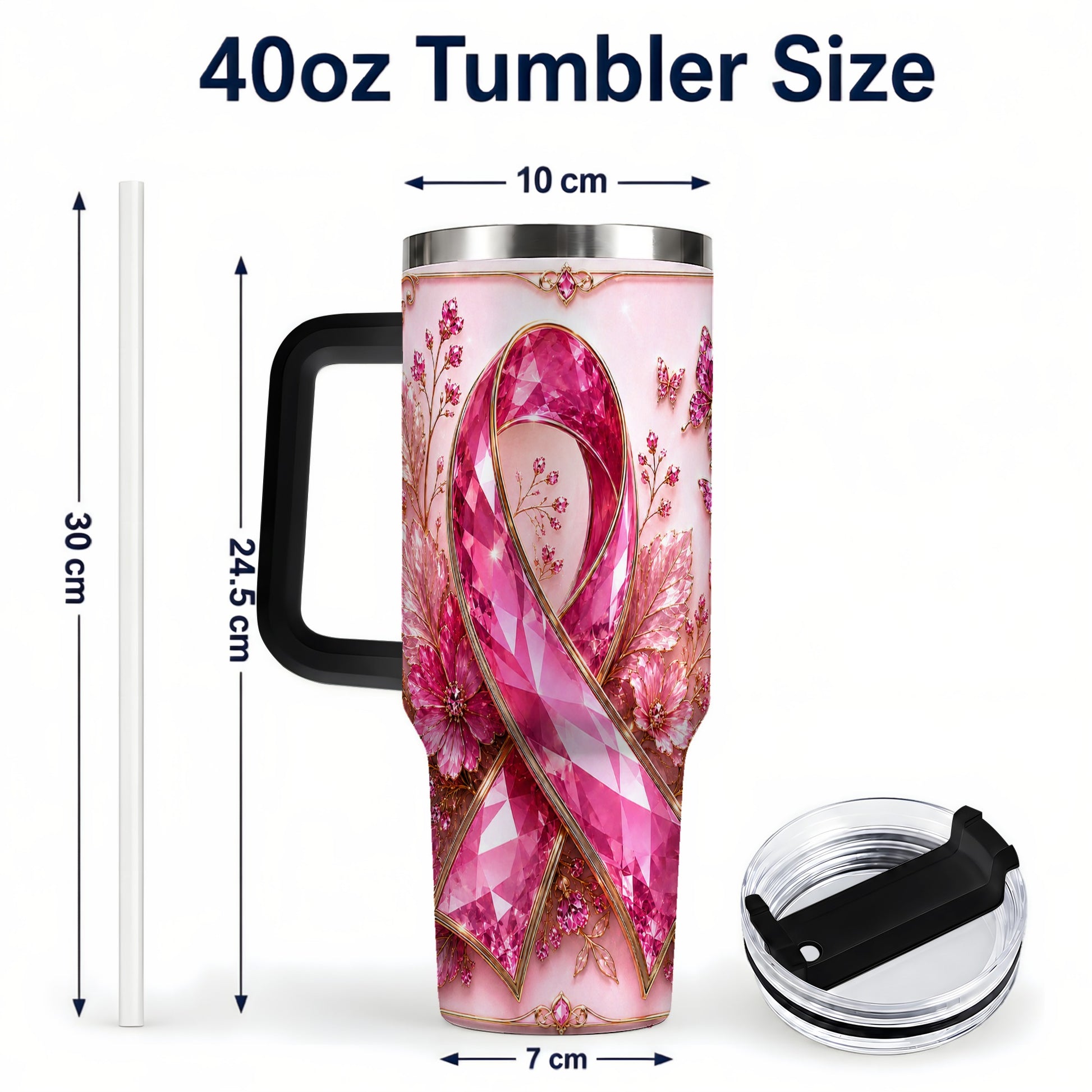 #pl[40oz|Black] Botanical Ribbon 40oz Tumbler with Handle, Stainless Steel Travel Cup