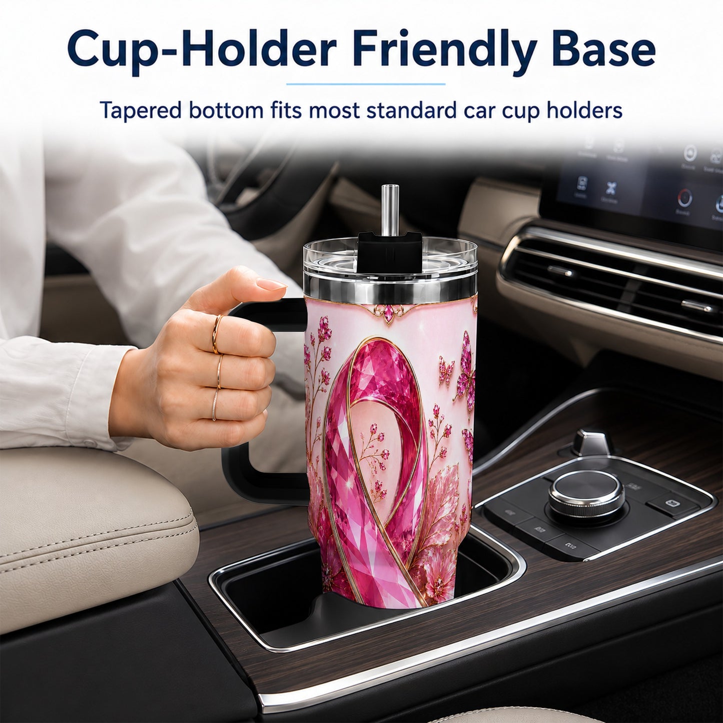 #pl[40oz|Black] Botanical Ribbon 40oz Tumbler with Handle, Stainless Steel Travel Cup