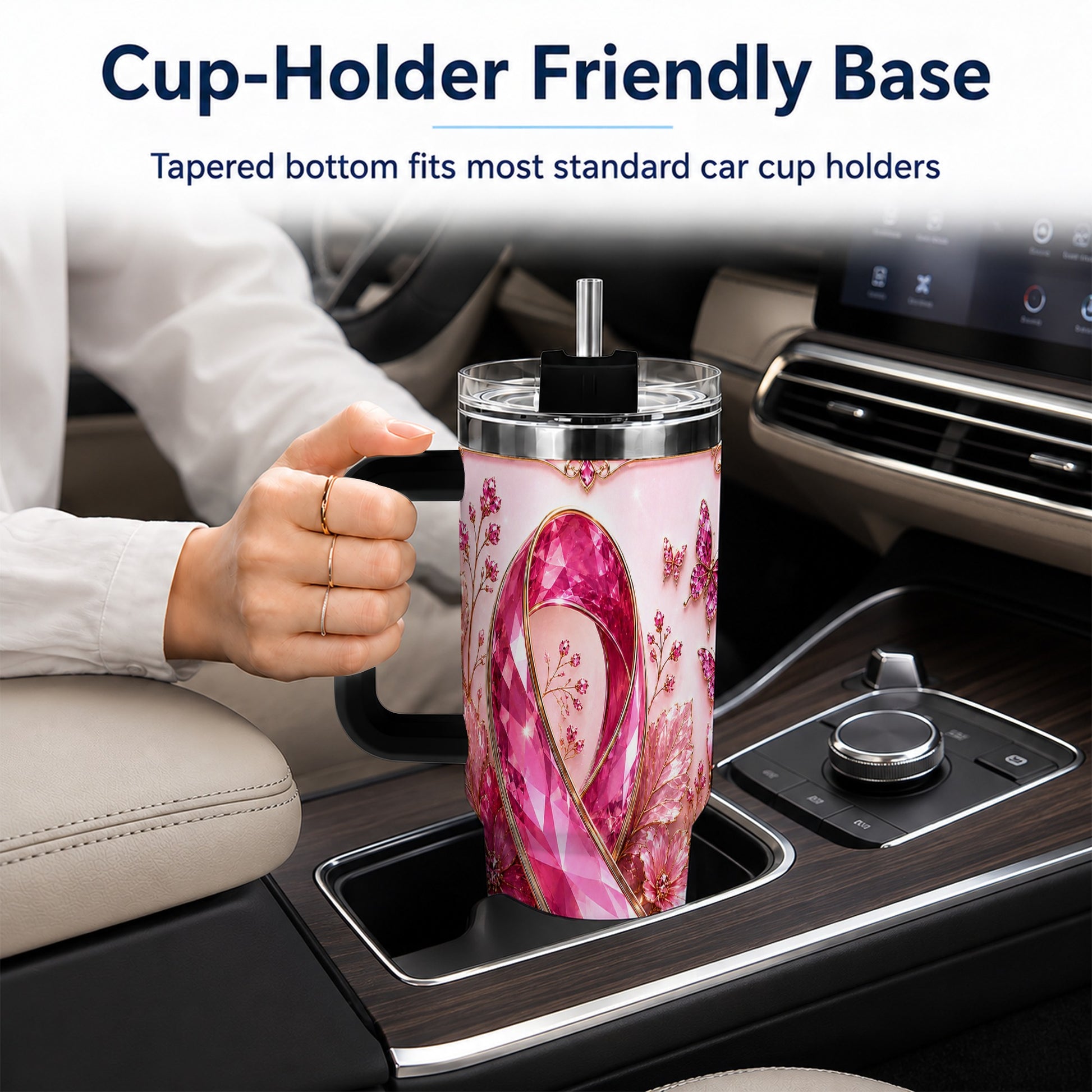 #pl[40oz|Black] Botanical Ribbon 40oz Tumbler with Handle, Stainless Steel Travel Cup