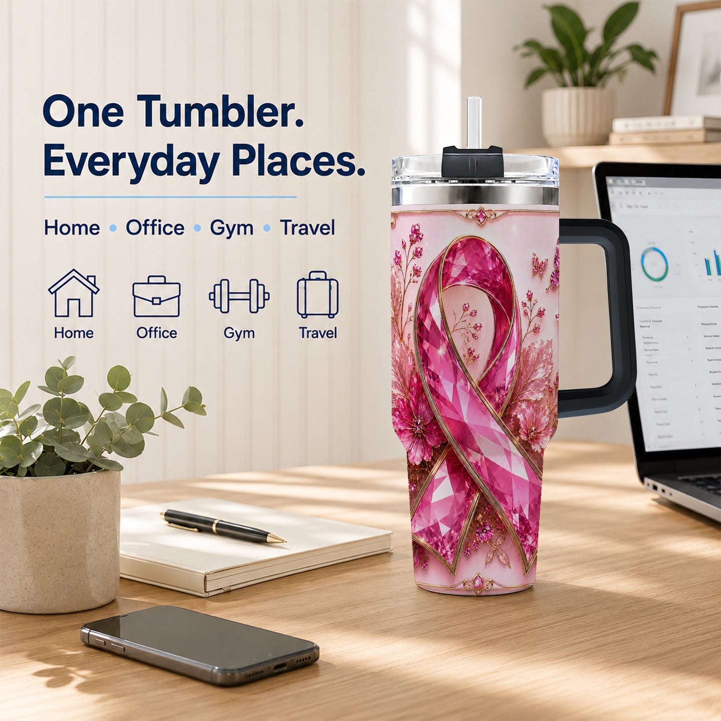#pl[40oz|Black] Botanical Ribbon 40oz Tumbler with Handle, Stainless Steel Travel Cup