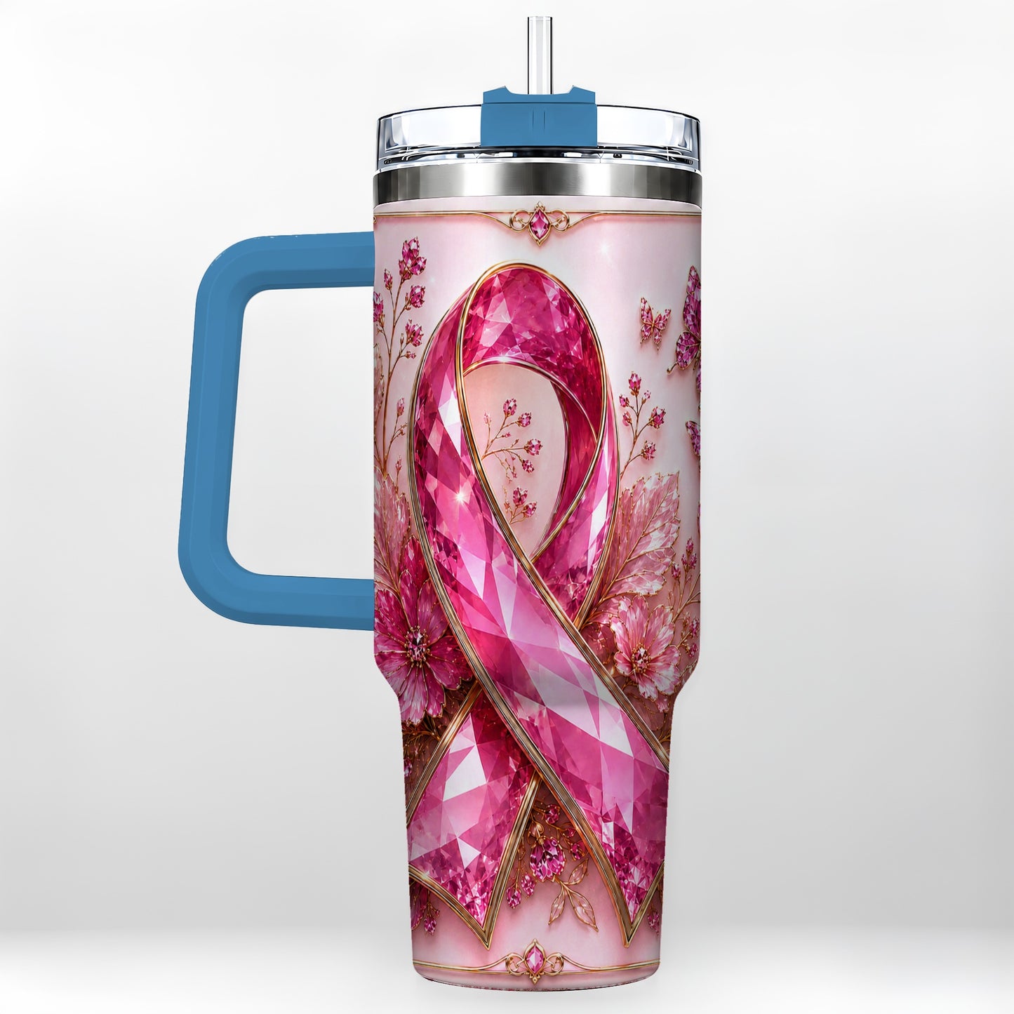 #pl[40oz|Blue] Botanical Ribbon 40oz Tumbler with Handle, Stainless Steel Travel Cup