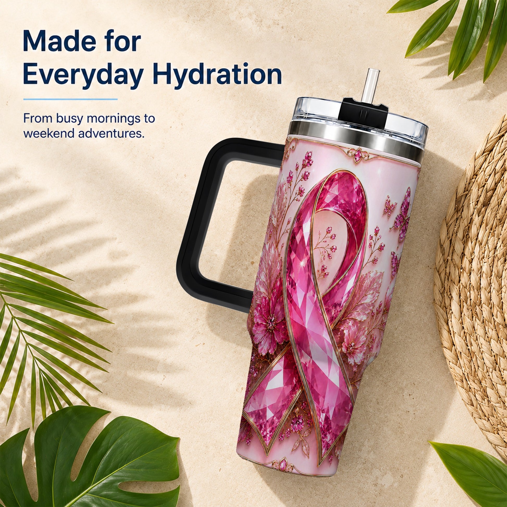 #pl[40oz|Black] Botanical Ribbon 40oz Tumbler with Handle, Stainless Steel Travel Cup