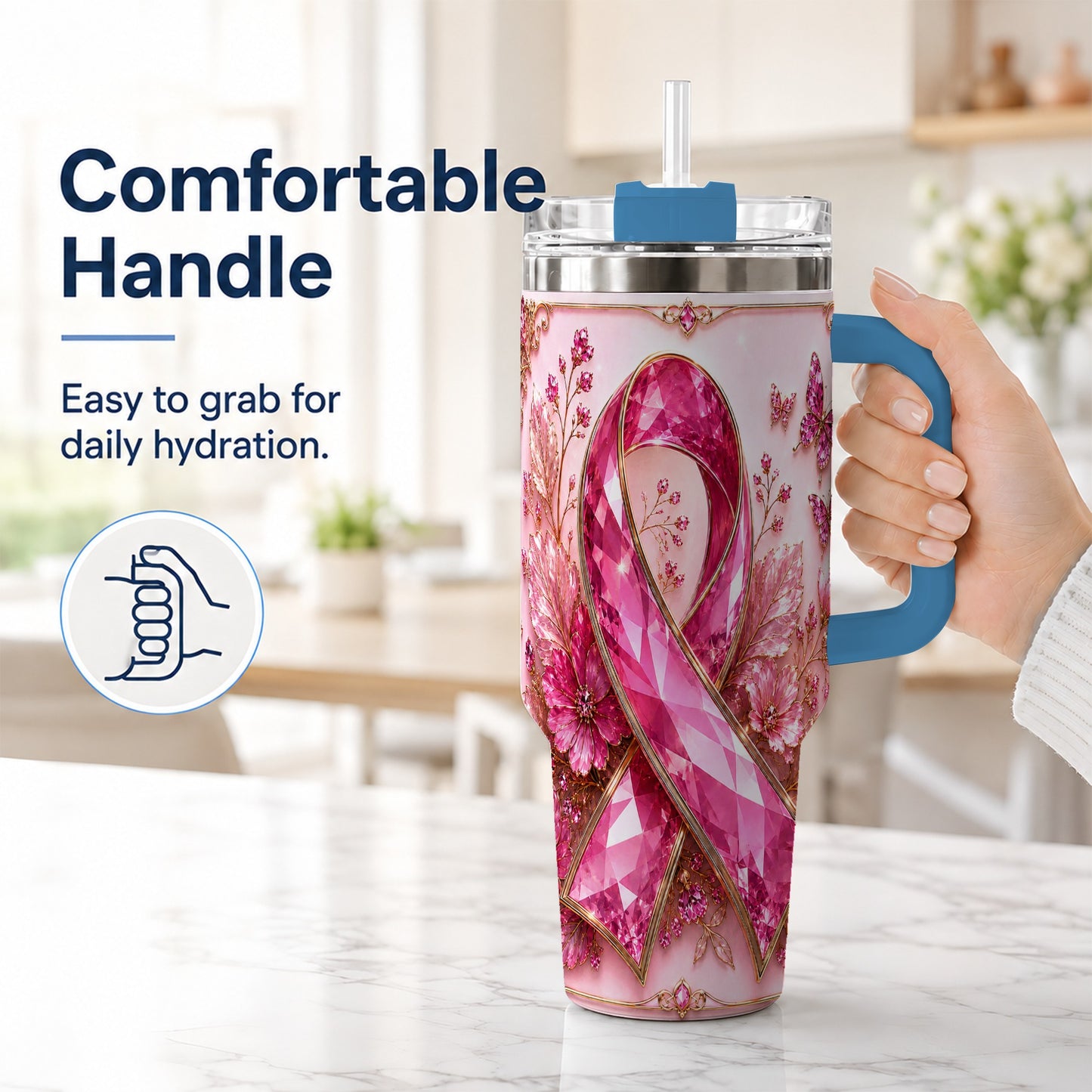 #pl[40oz|Blue] Botanical Ribbon 40oz Tumbler with Handle, Stainless Steel Travel Cup