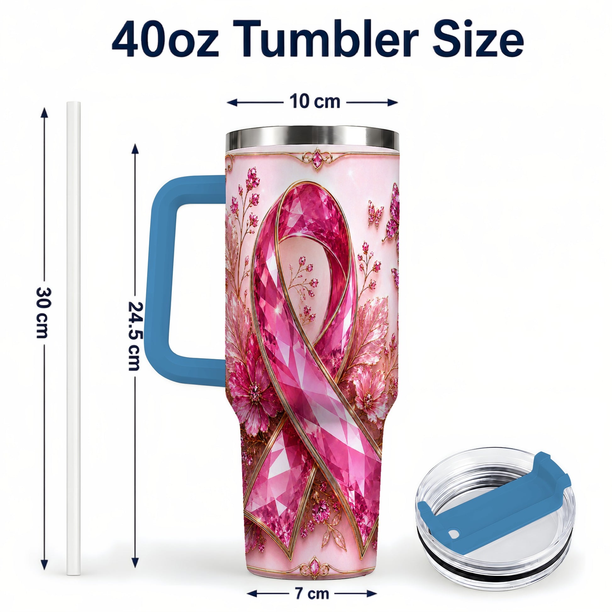 #pl[40oz|Blue] Botanical Ribbon 40oz Tumbler with Handle, Stainless Steel Travel Cup