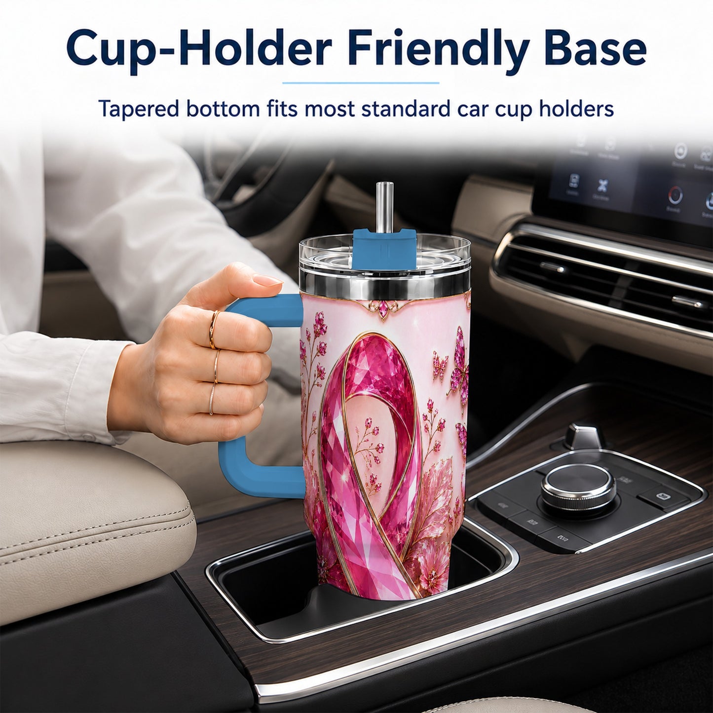 #pl[40oz|Blue] Botanical Ribbon 40oz Tumbler with Handle, Stainless Steel Travel Cup