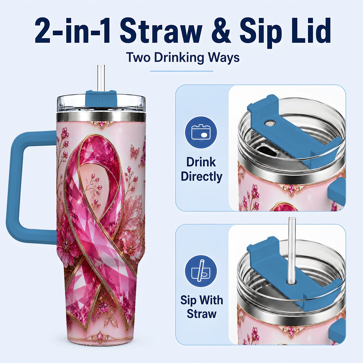 #pl[40oz|Blue] Botanical Ribbon 40oz Tumbler with Handle, Stainless Steel Travel Cup
