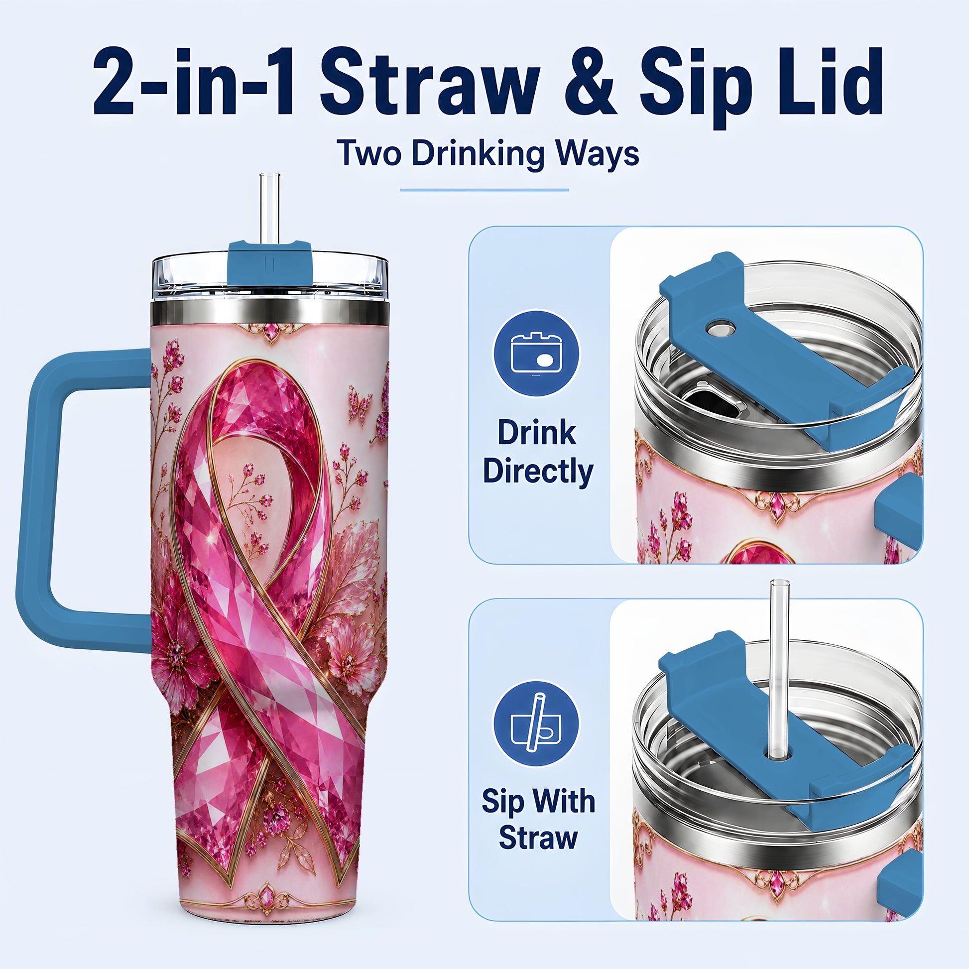 #pl[40oz|Blue] Botanical Ribbon 40oz Tumbler with Handle, Stainless Steel Travel Cup